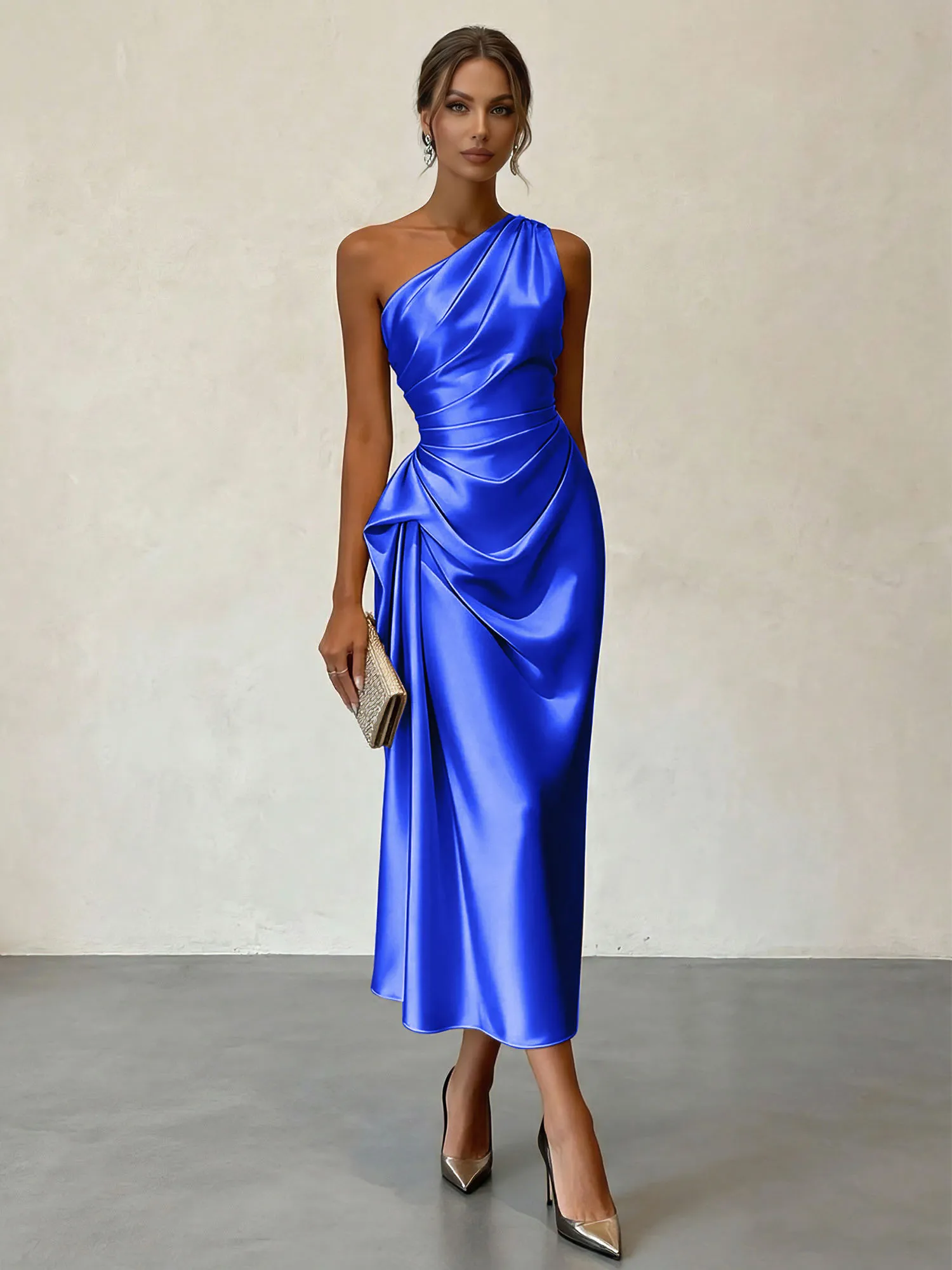 One-Shoulder Ruched Satin Midi Evening Dress with Draped Detail