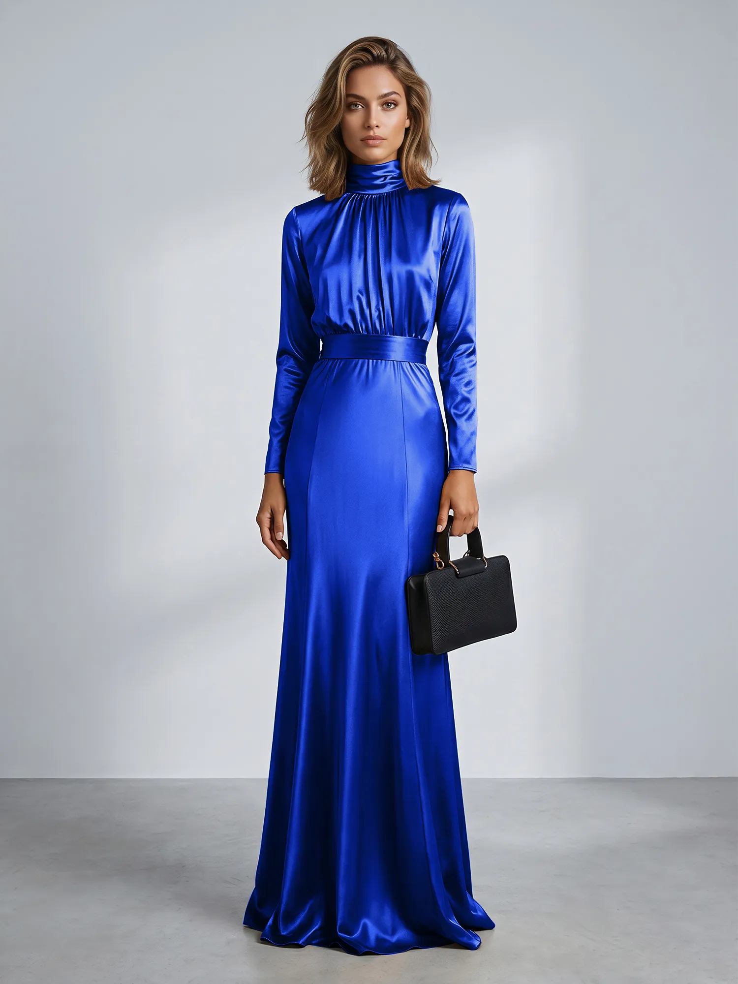 High Neck Long Sleeve Satin Mermaid Evening Gown with Waist Sash