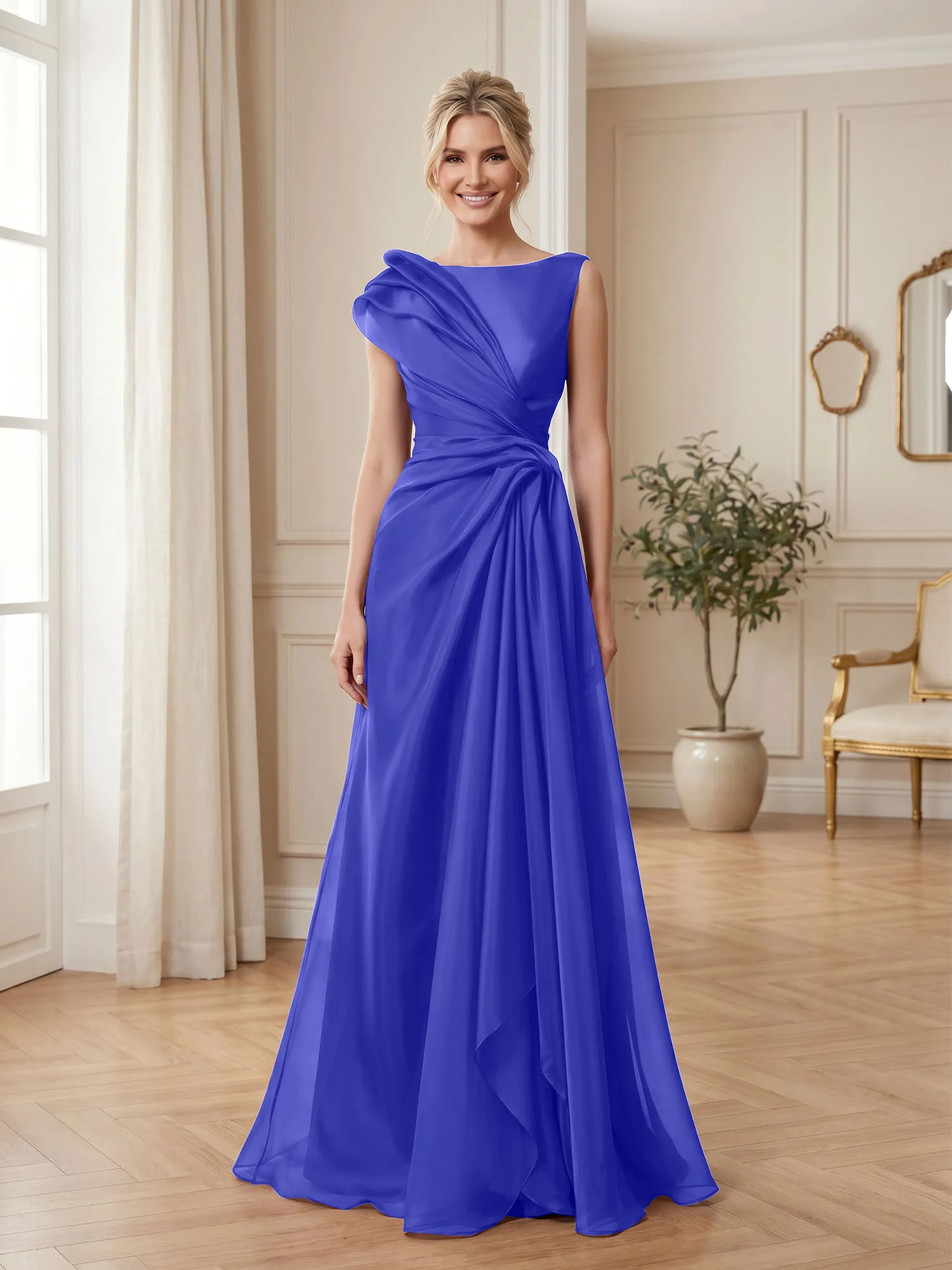 A Line Ruched Draped Tulle Evening Gown