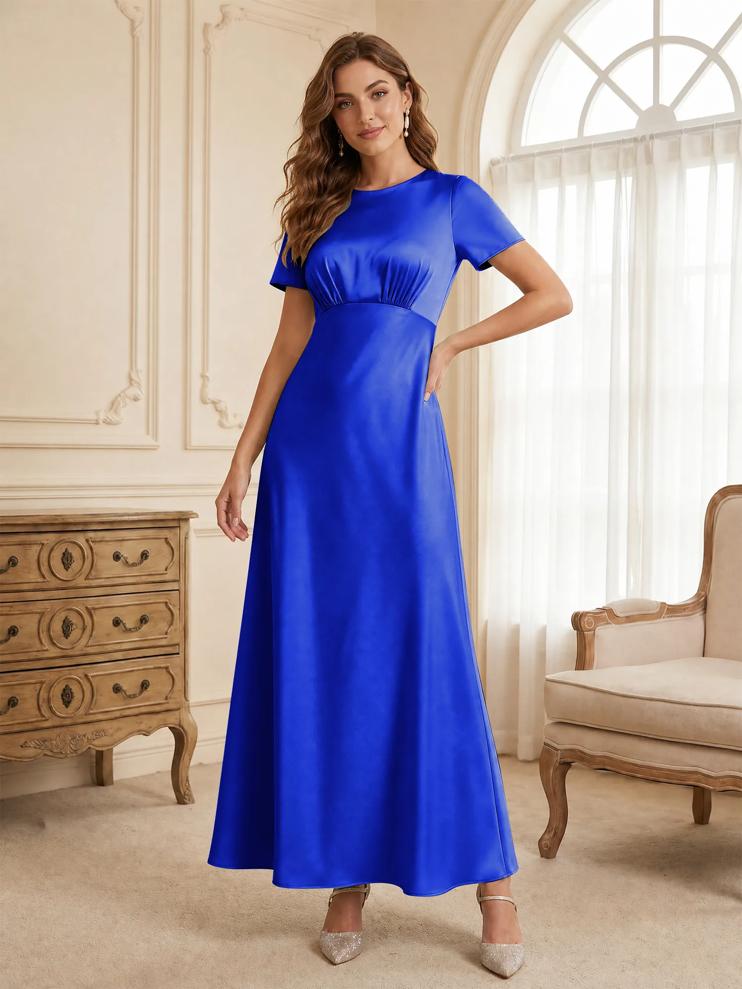 Round Neck Short Sleeve Satin Bridesmaid Dress