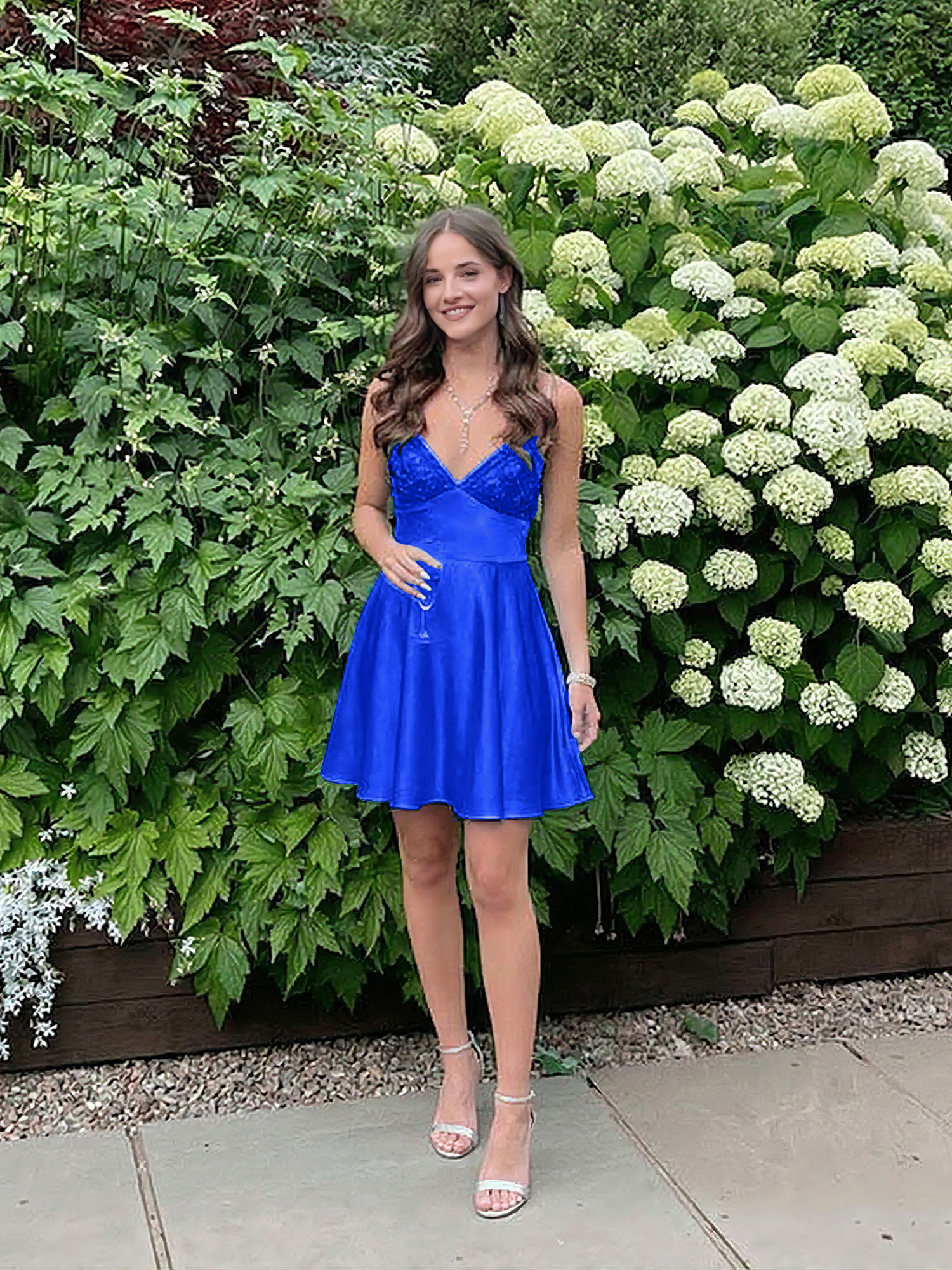 Blue A Line V-neck Beaded Back Tie Short Homecoming Mini Dress