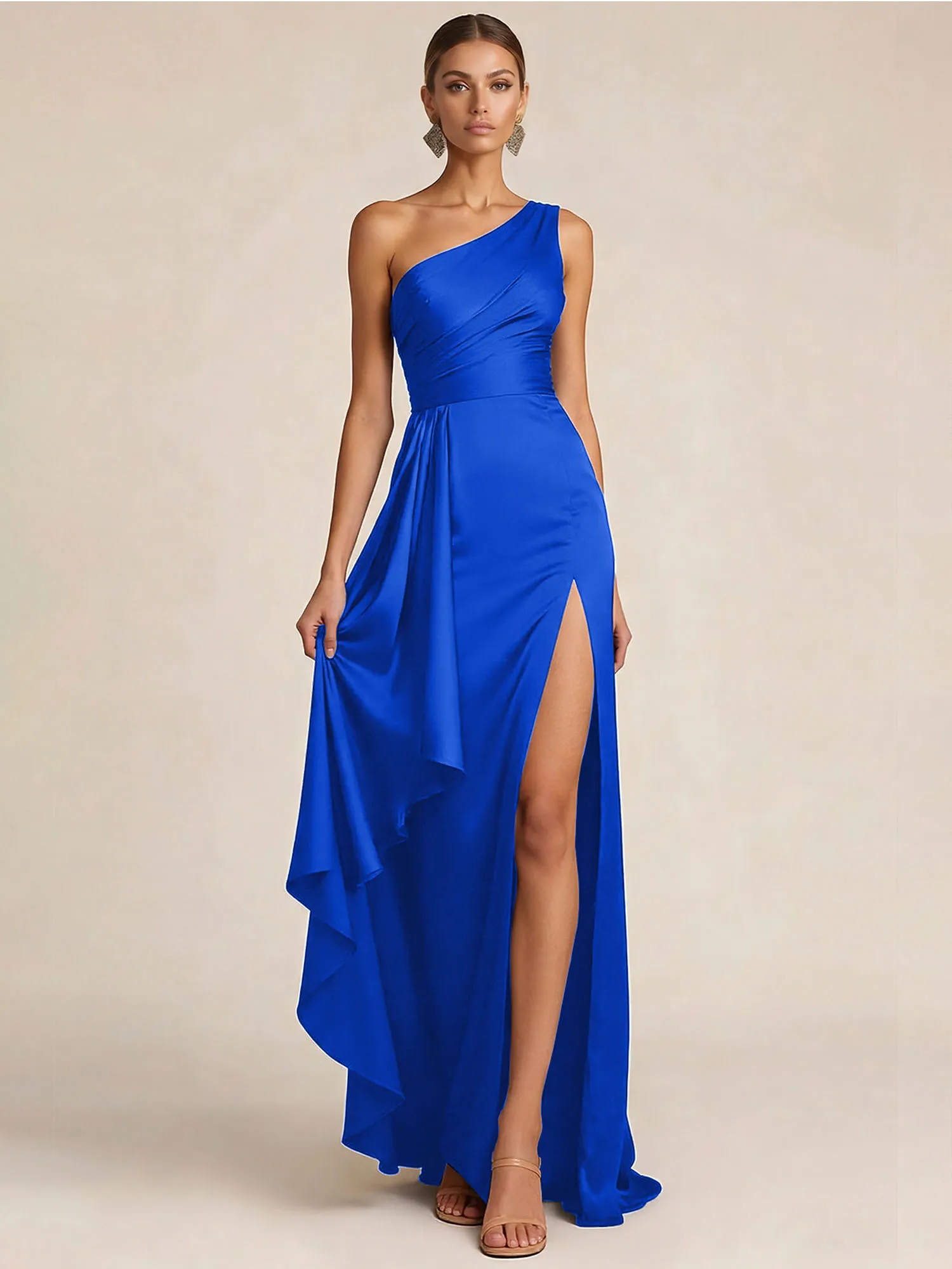 Sleek Foraml Evening Gown Midnight Navy One-Shoulder Satin Slit Maxi Dress