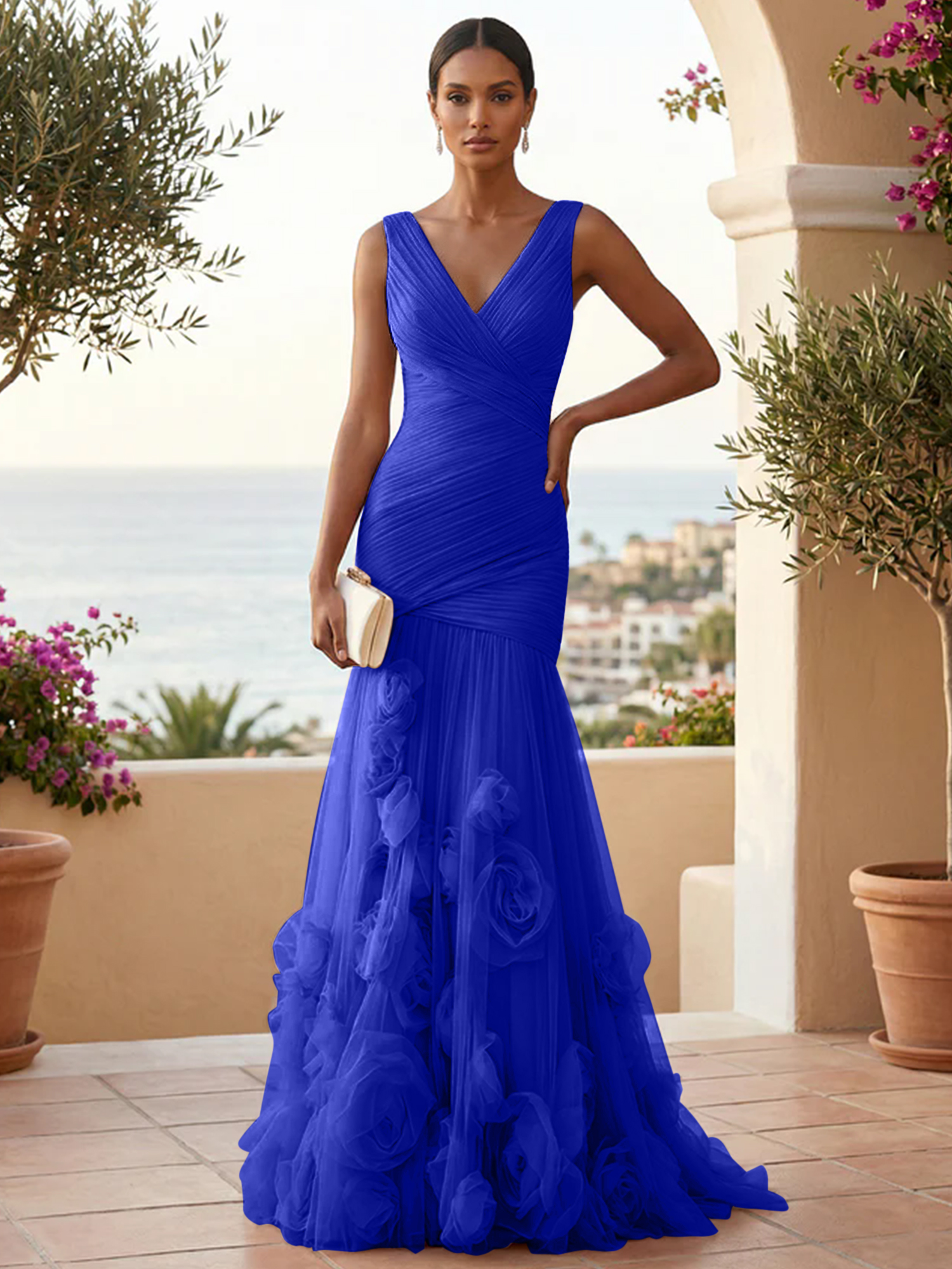 Sweetheart Tulle V Neck Pleat Mermaid Evening Dresses with 3D Flower