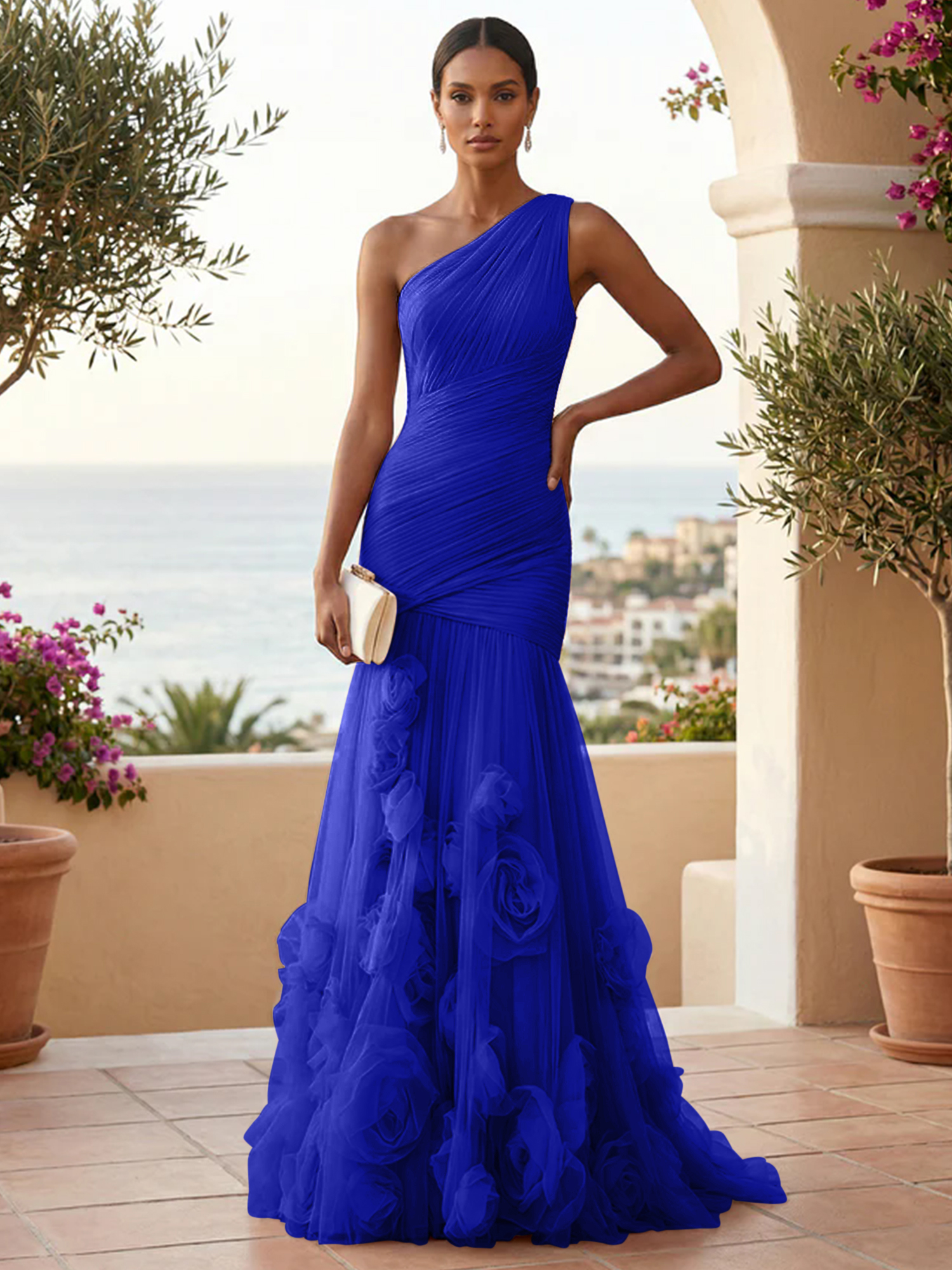 Sweetheart Tulle Pleat One Shoulder Mermaid Evening Dresses Gown with 3D Flower