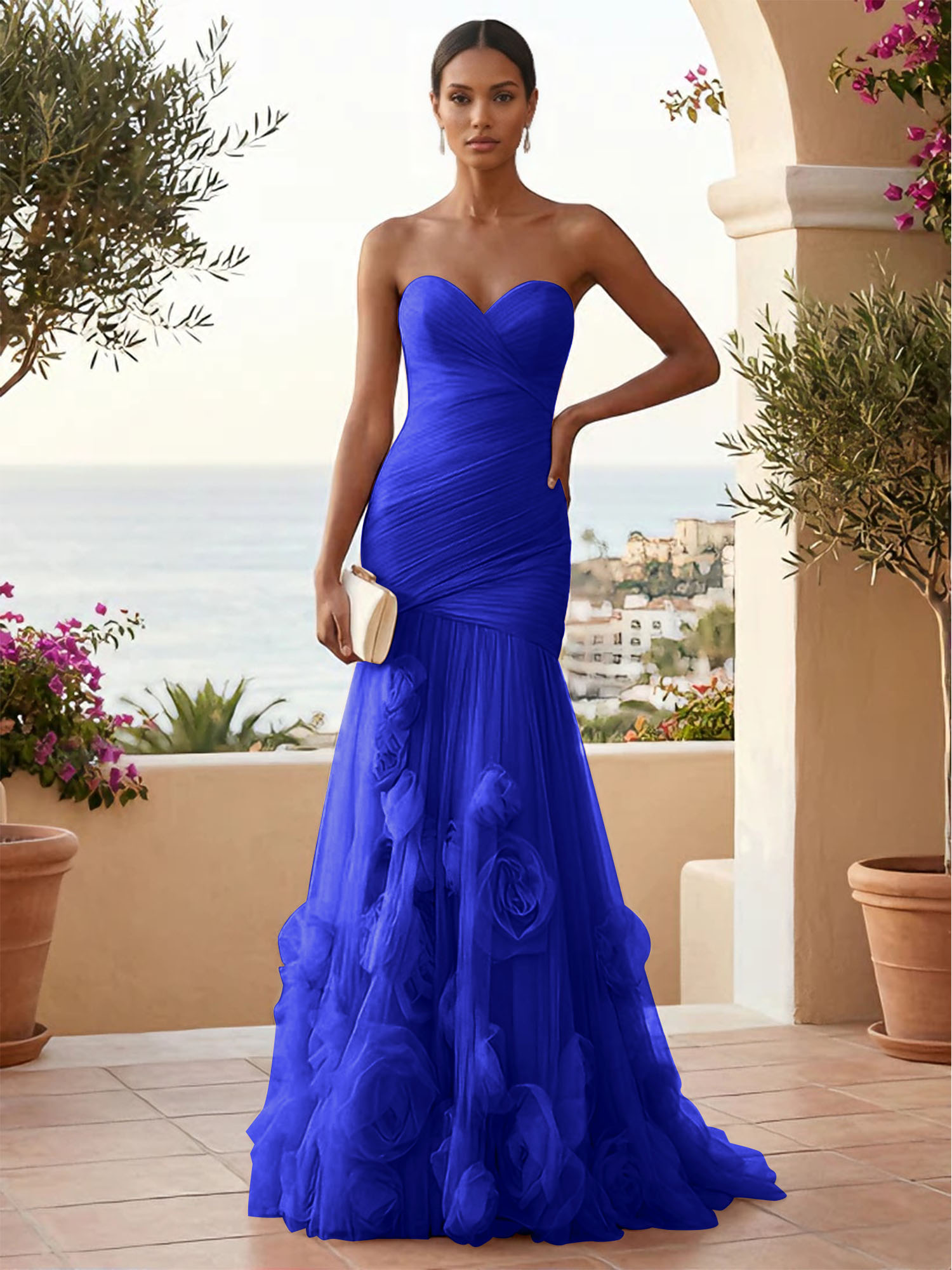 Sweetheart Tulle Pleat Mermaid Evening Dresses with 3D Flower