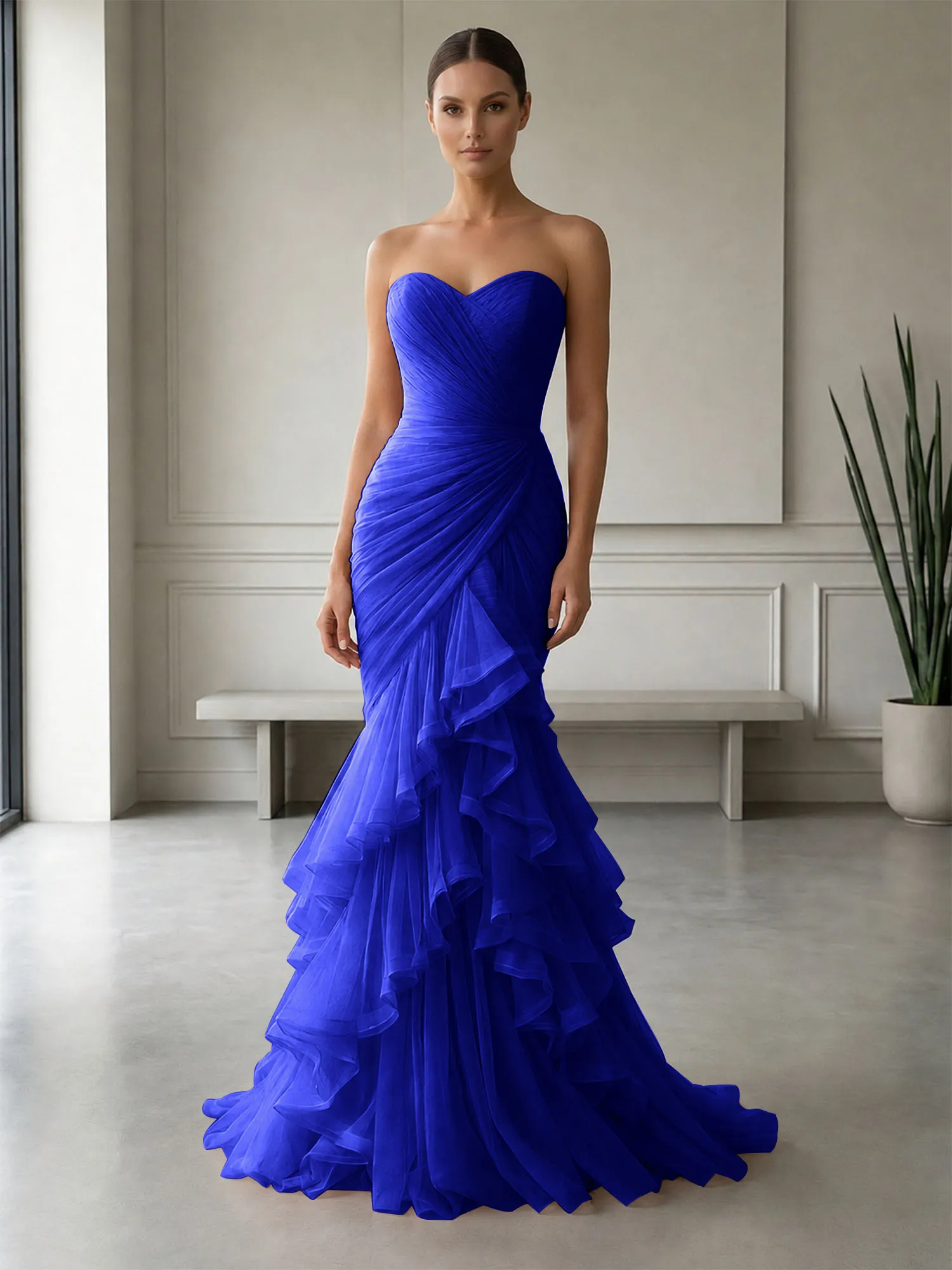 Strapless Ruched Tulle Mermaid Evening Gown Maxi Dress