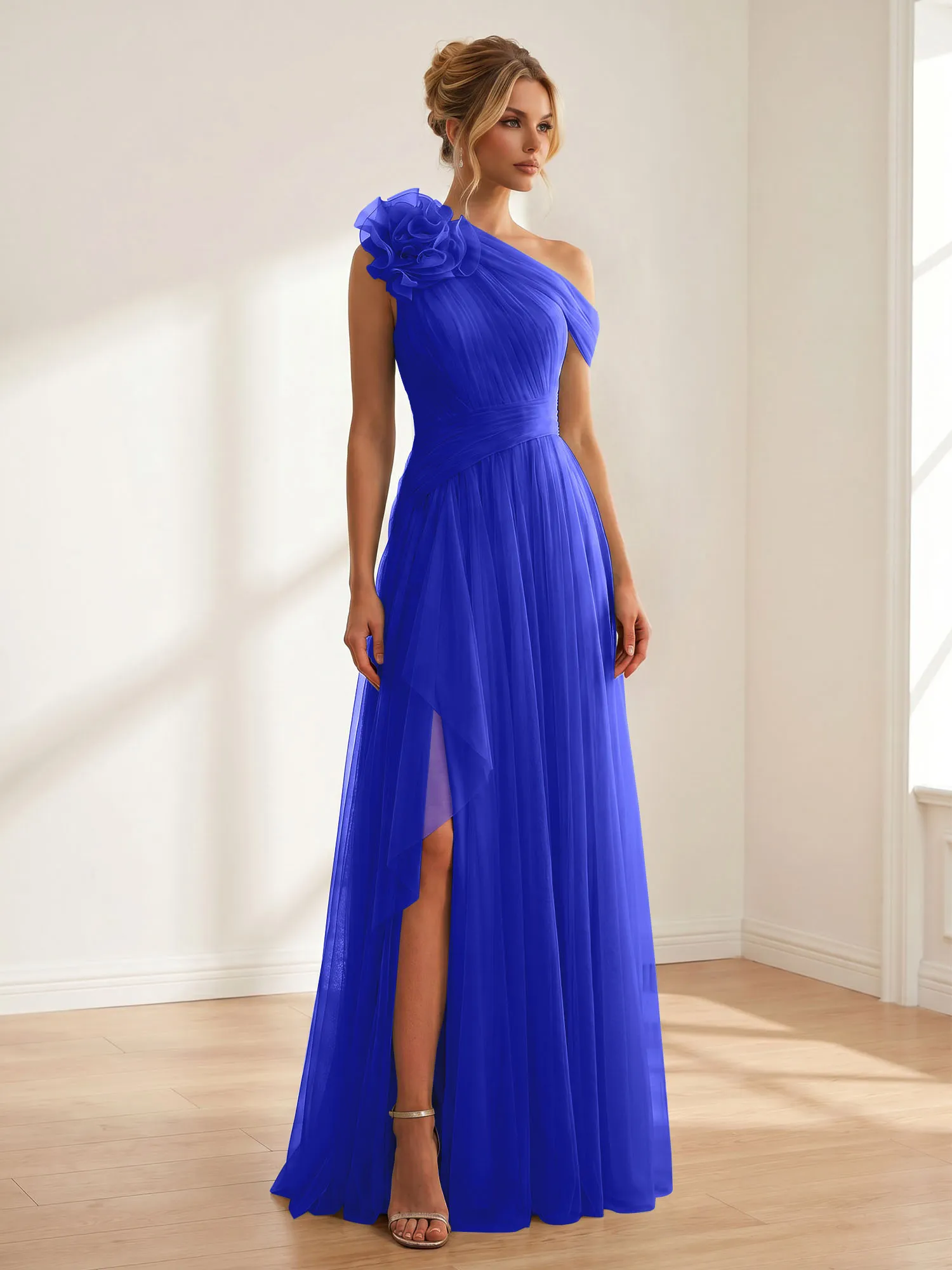 One-Shoulder Tulle Evening Gown with Floral Accent