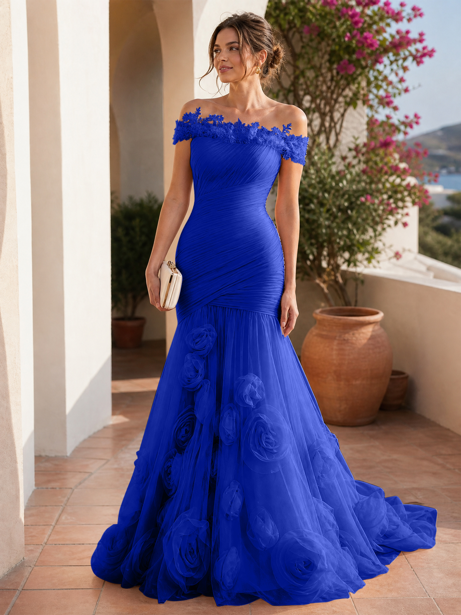 Romantic Blushing Rose Off-the-Shoulder Mermaid Formal Evening Dress 