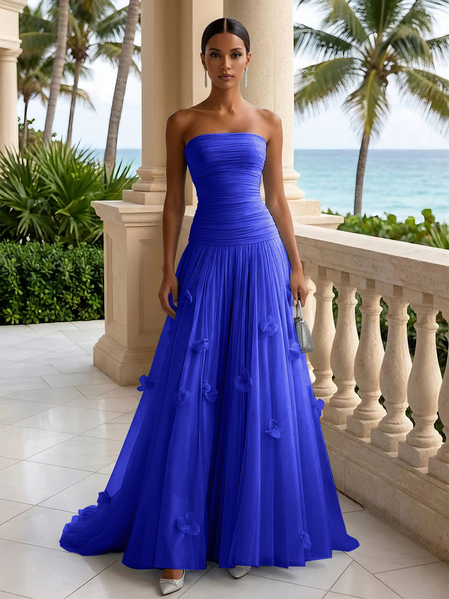 Light Blue Evening Dress with 3D Flower Strapless Pleat Maxi Dress