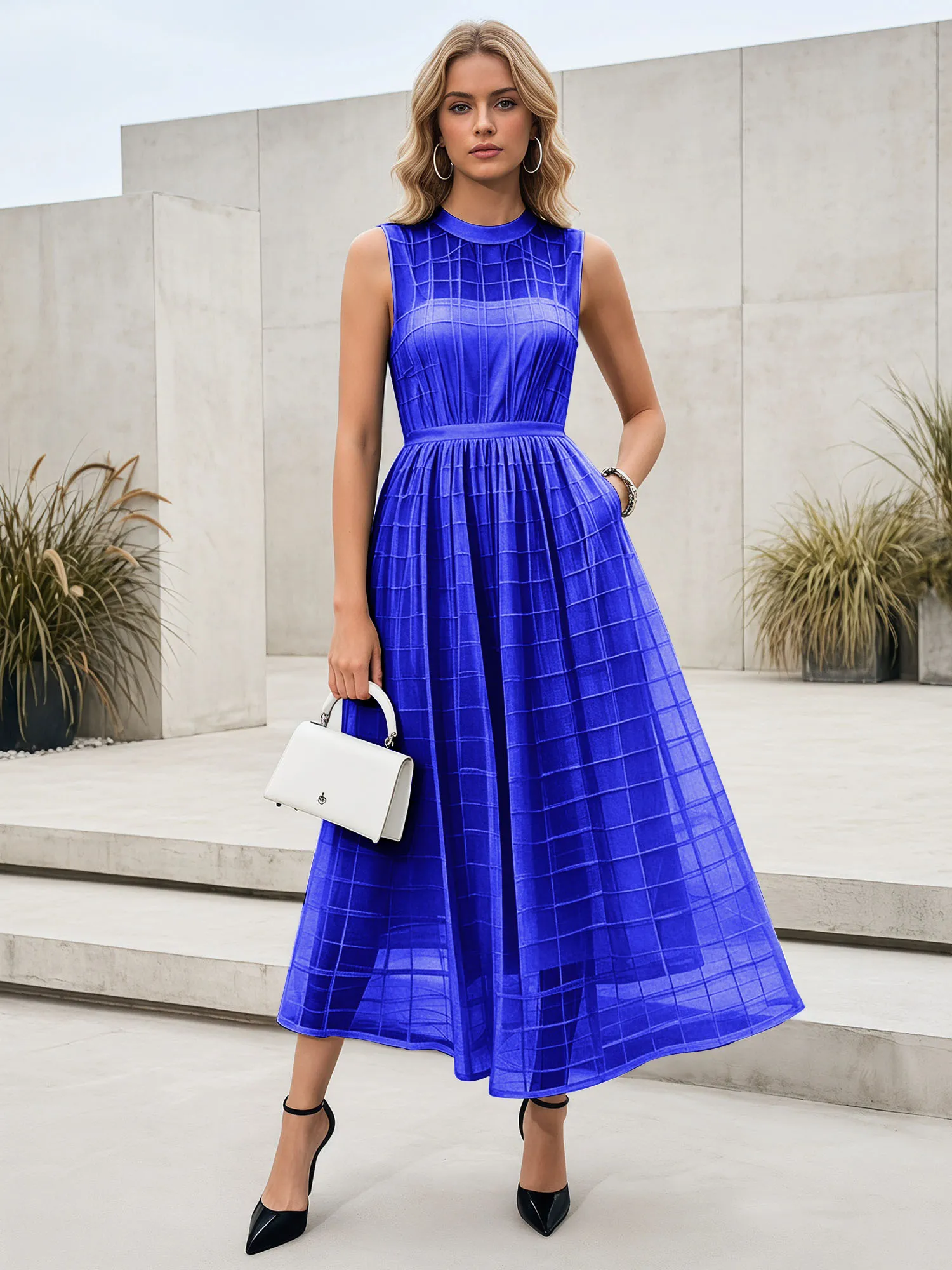 Sleeveless Grid Mesh A-Line Midi Evening Dress