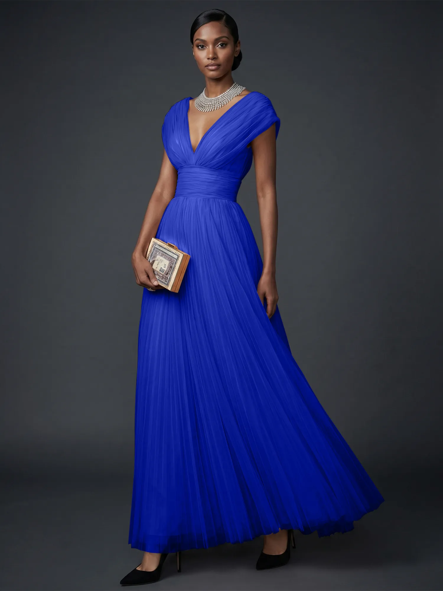 Draped V-Neck Pleated Tulle Evening Gown Maxi Dress