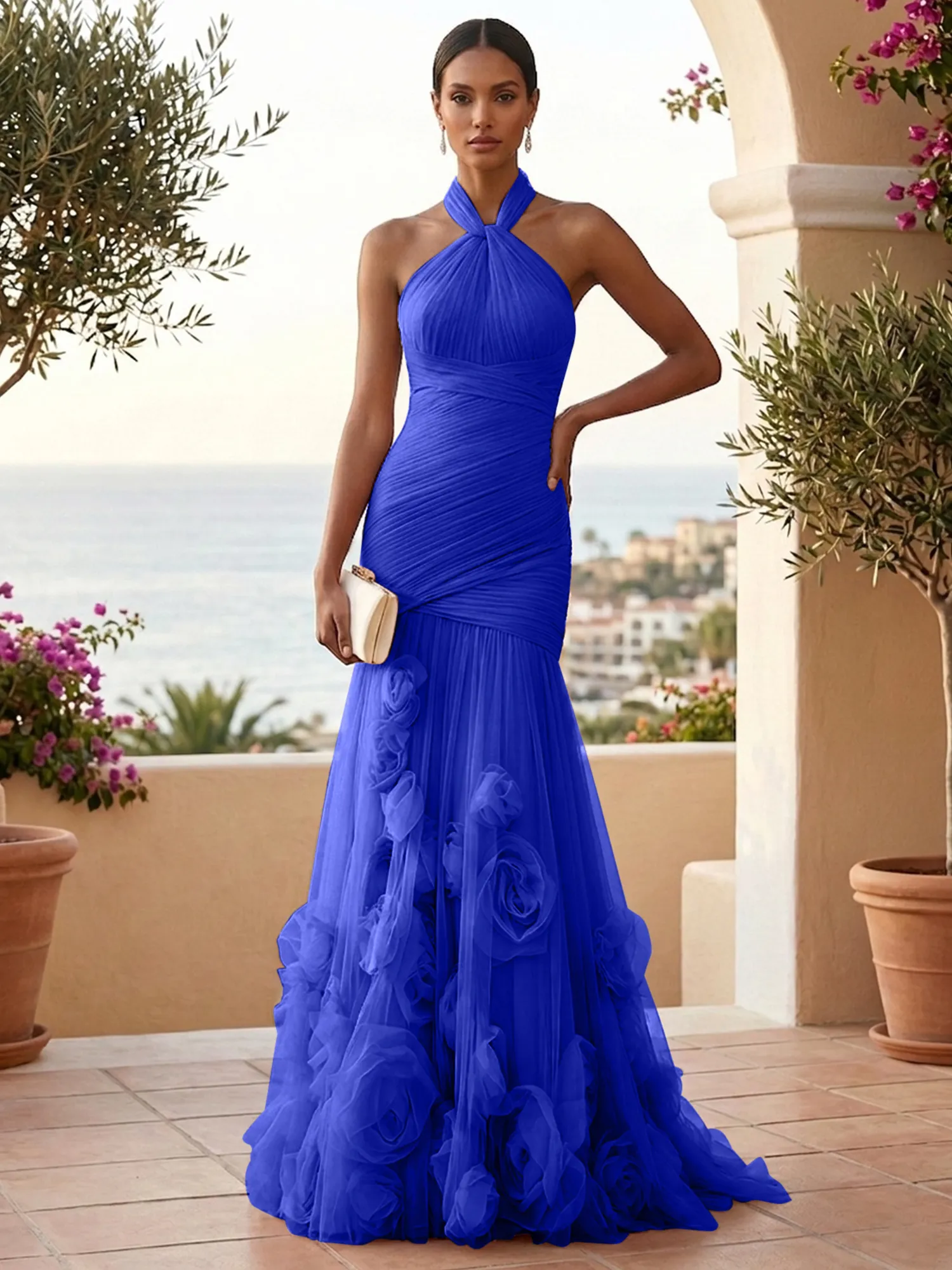 Halter Neck Ruched Tulle Mermaid Gown with 3D Floral Appliqués