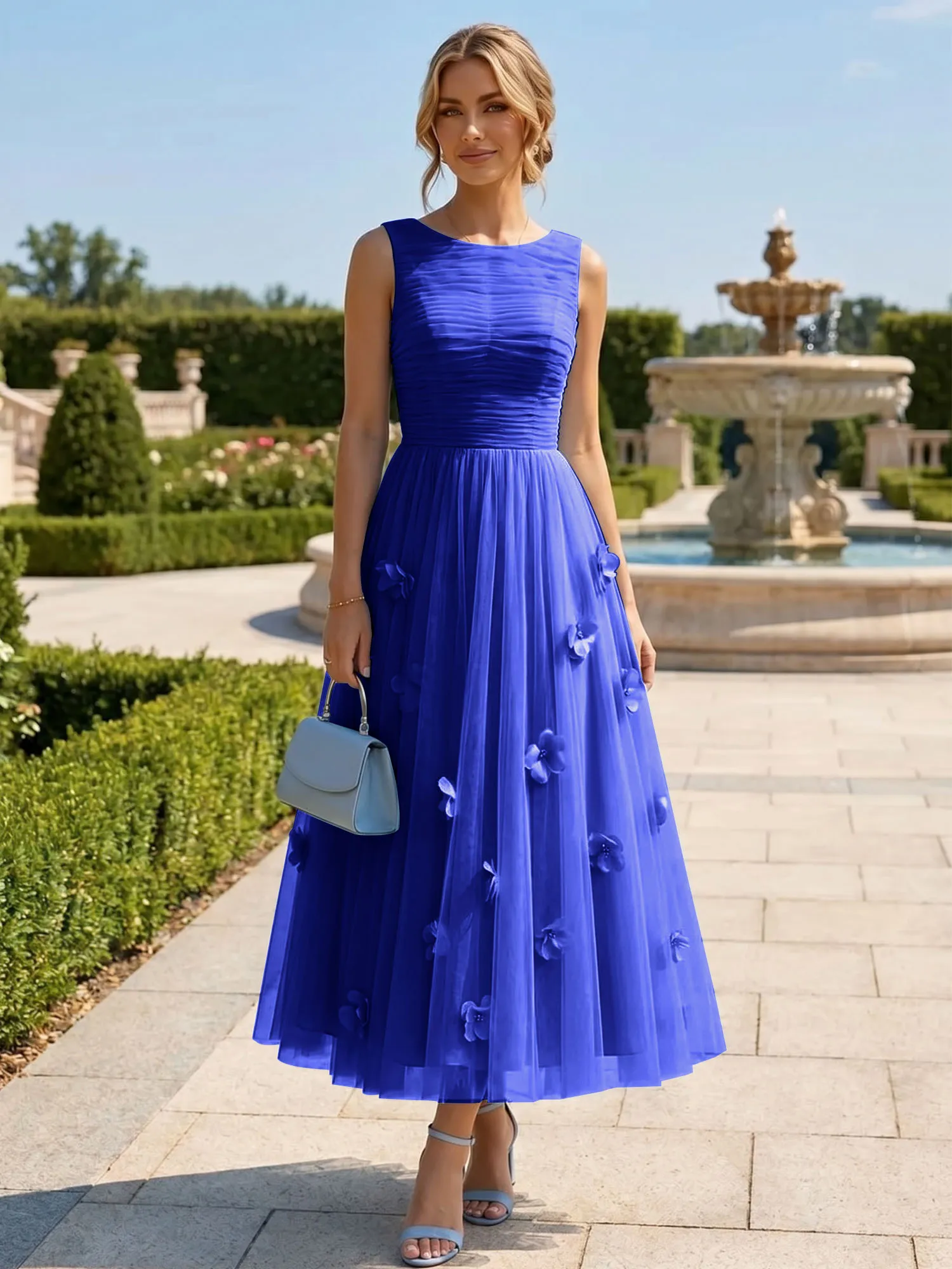 A Line Sleeveless Tulle Midi Dress with 3D Floral Appliqués