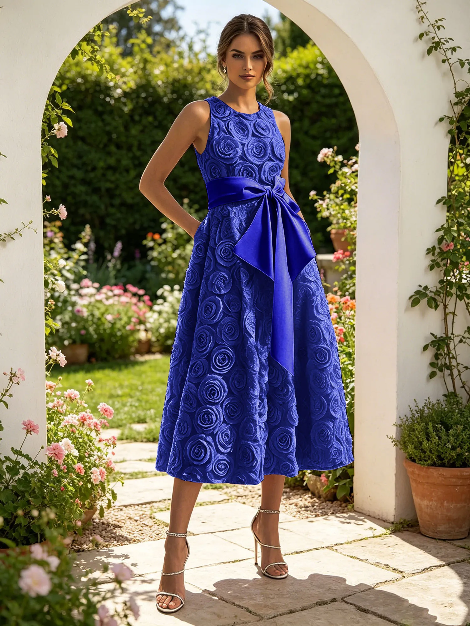 Sleeveless 3D Rose Midi Evening Dress with Satin Bow Sash