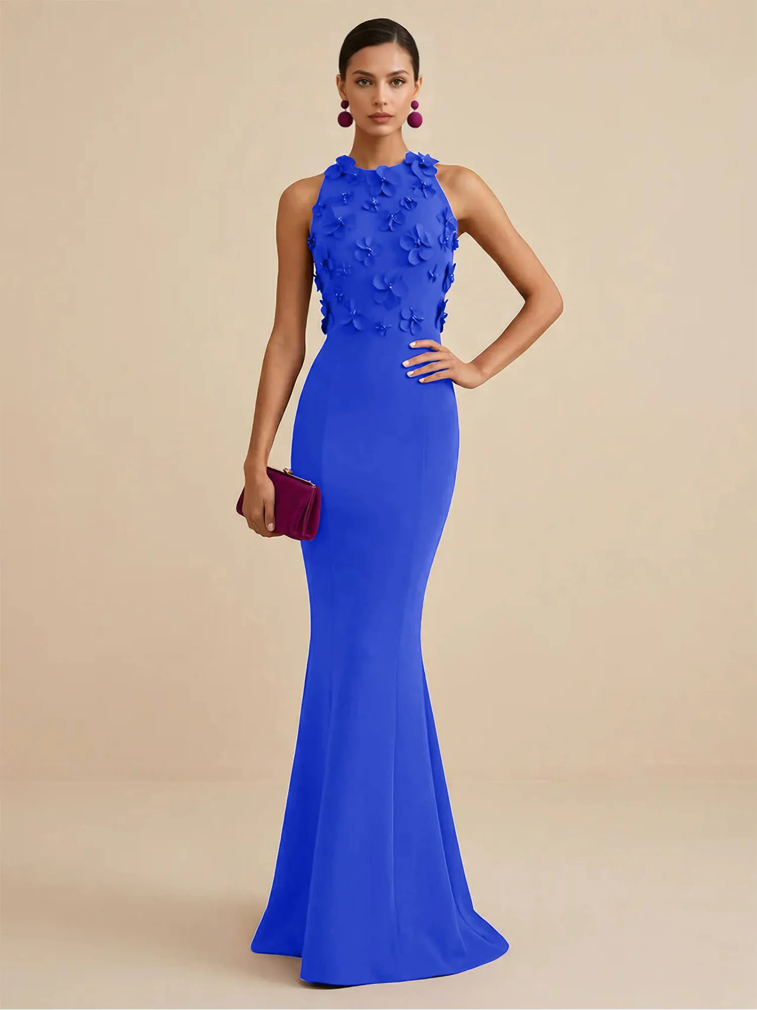 Scoop Neck 3D Floral Appliqué Crepe Mermaid Evening Gown