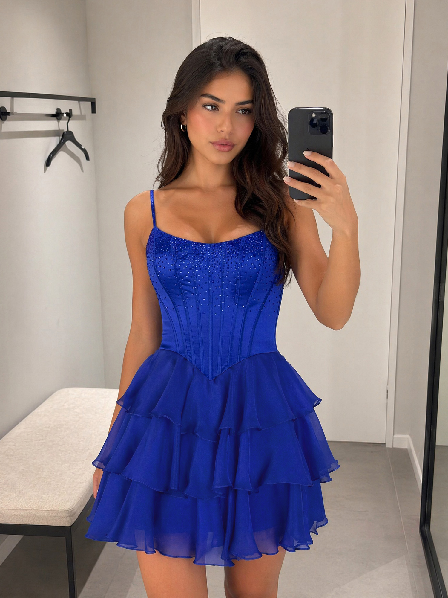 Royal Blue Rhinestone Corset Tiered Ruffle Homecoming Dress