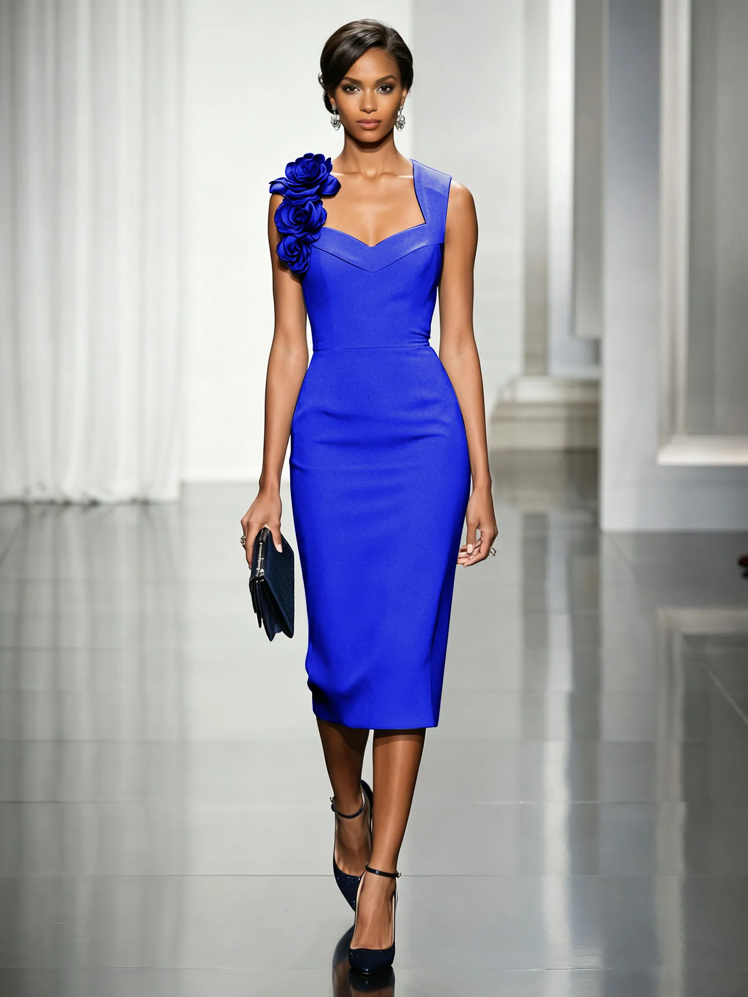 Asymmetric Neckline Crepe Midi Dress with 3D Floral Appliqué
