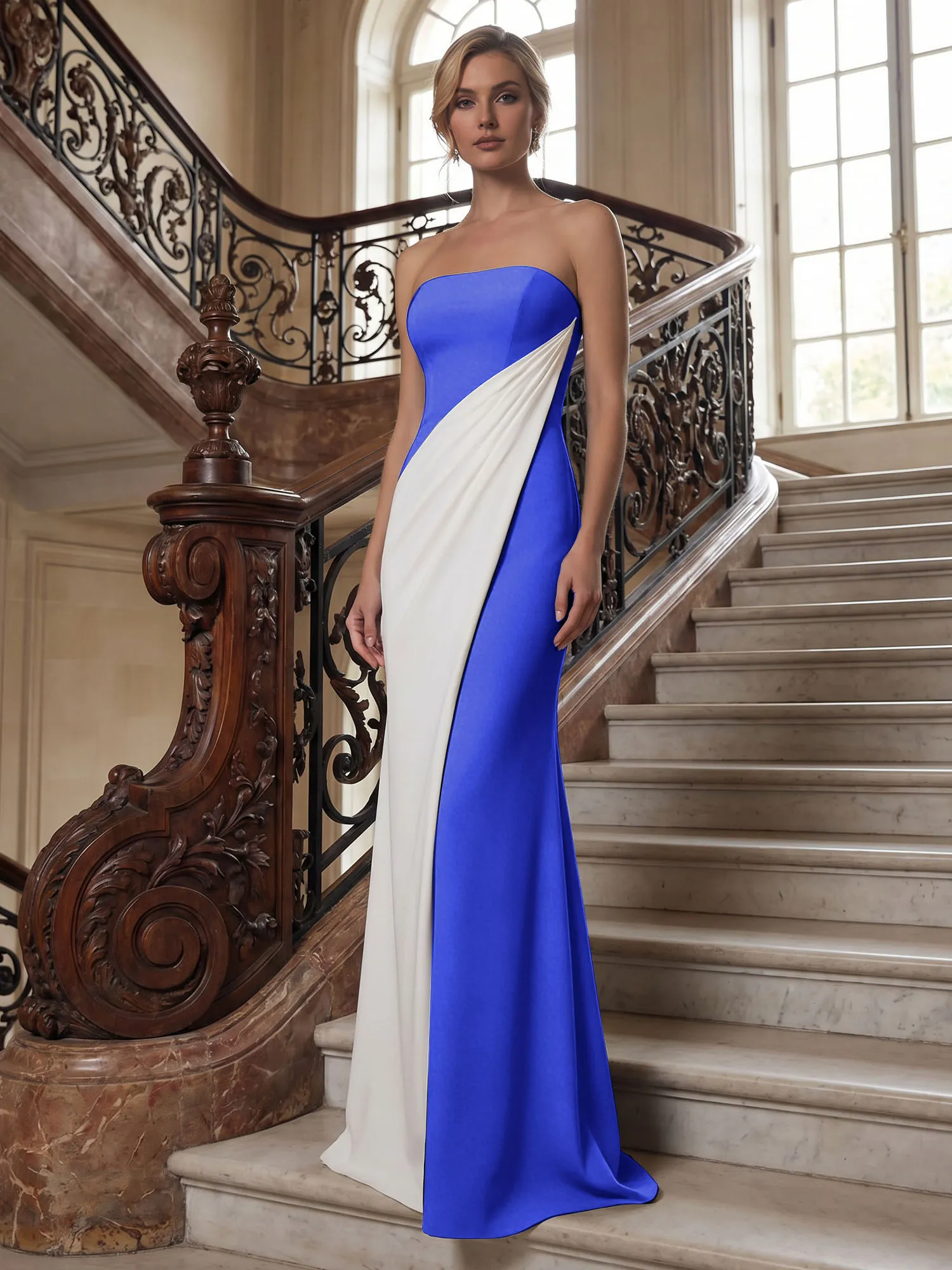 Strapless Two-Tone Draped Mermaid Evening Gown