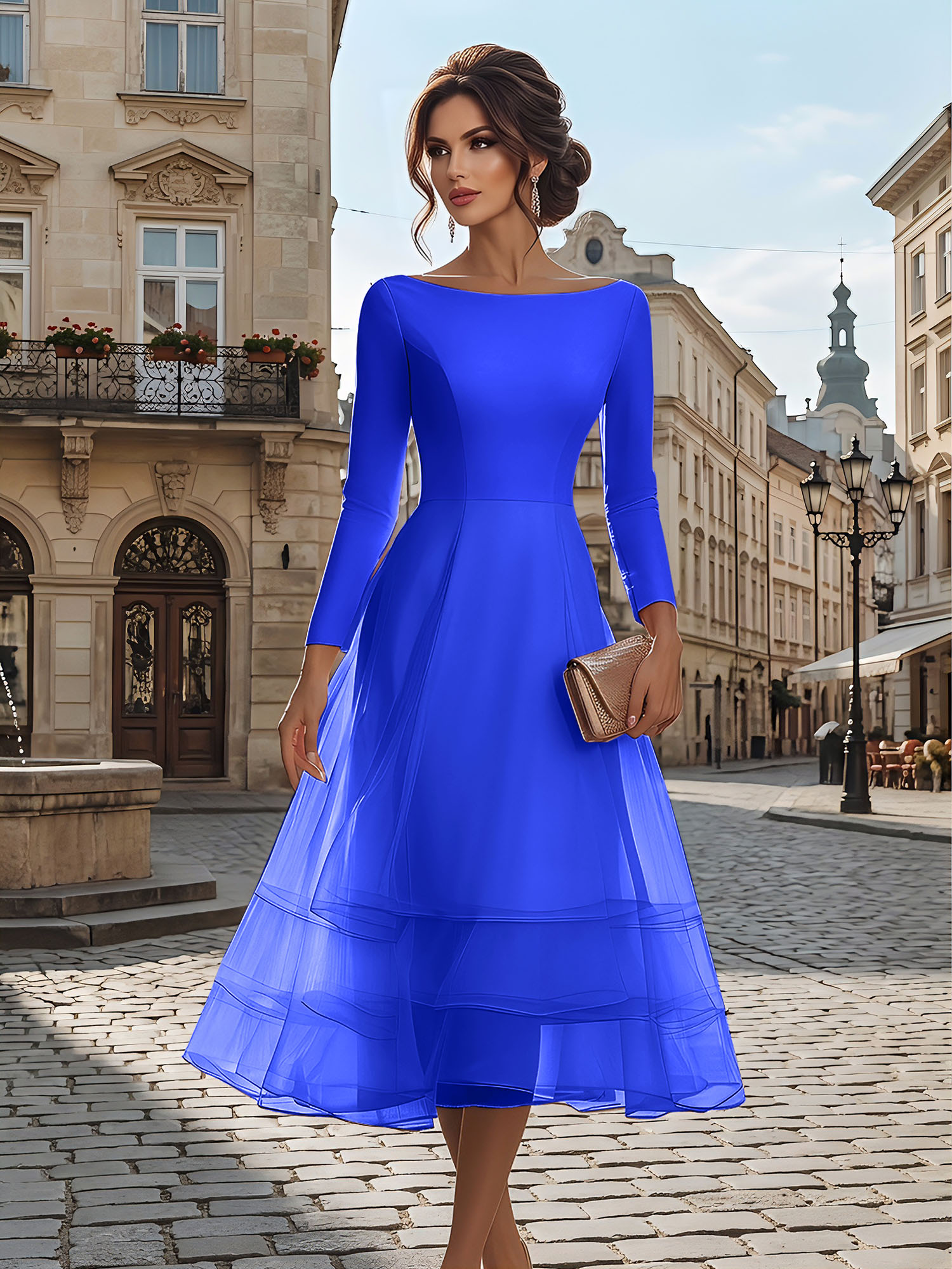 Timeless Evening Foraml Gown Blush Pink Long-Sleeve Layered Organza Midi Dress