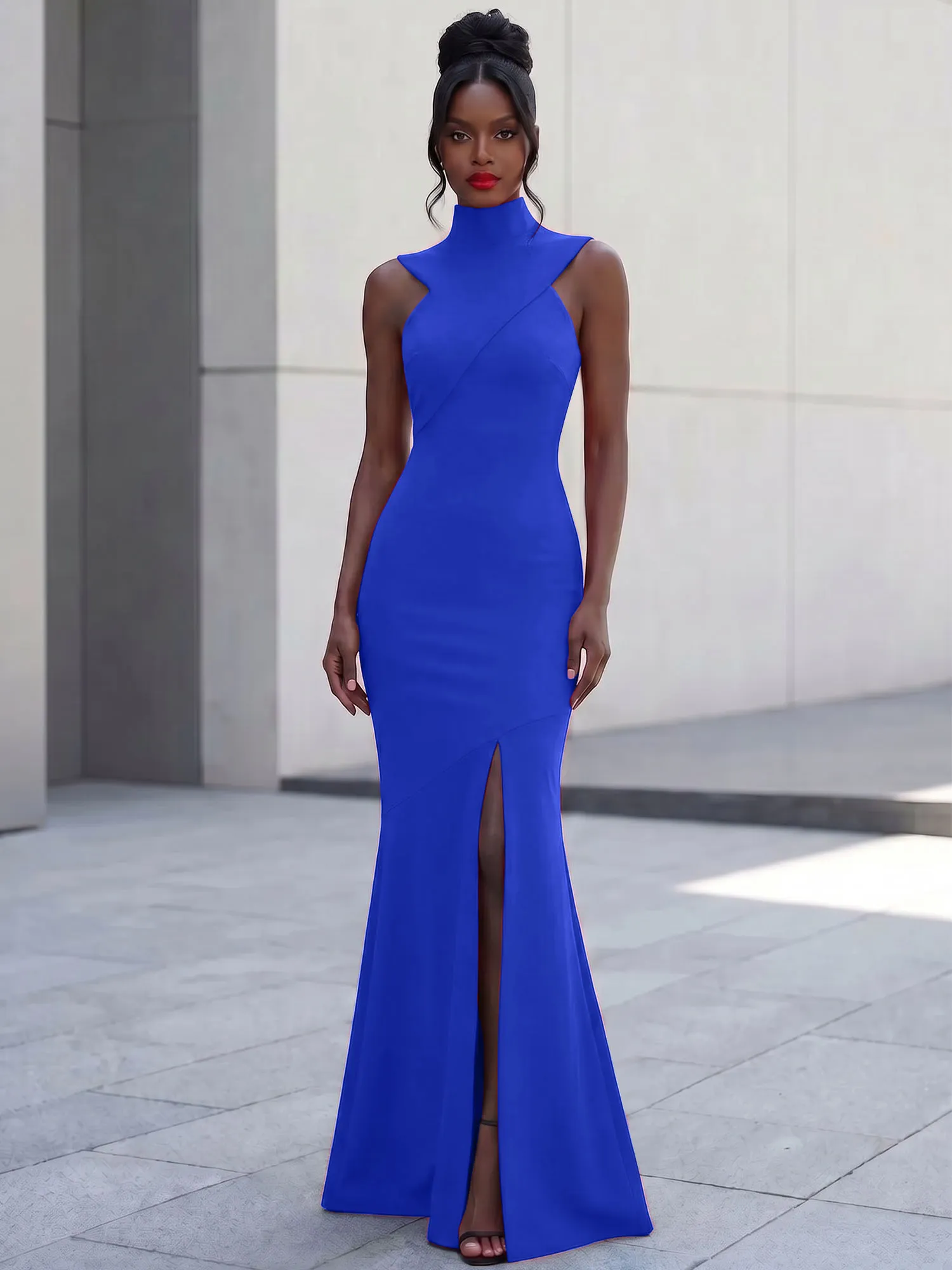 High Neck Asymmetric Cutout Mermaid Evening Gown