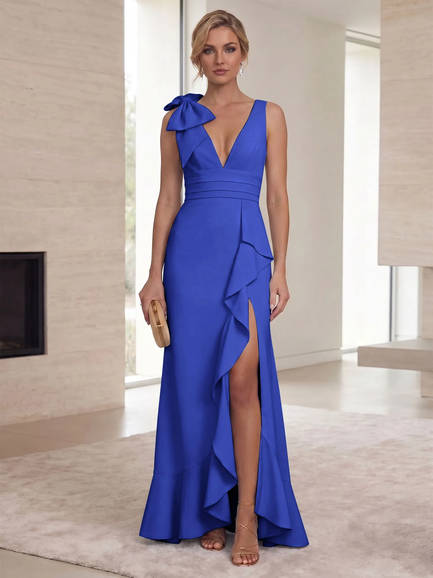 Deep V-Neck Bow-Shoulder Ruffle Slit Mermaid Evening Gown