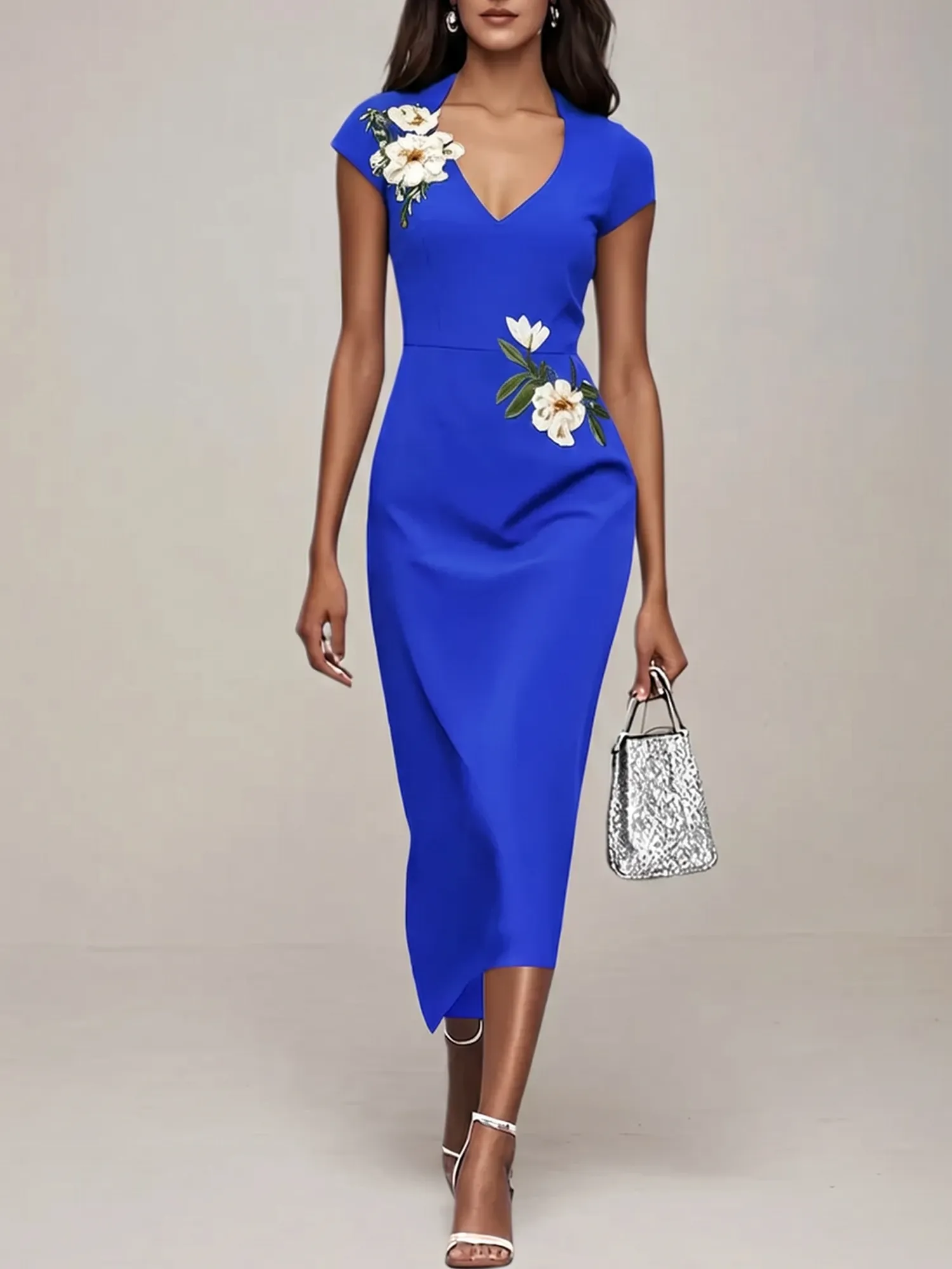 V-Neck Cap Sleeve Floral Embroidered Sheath Evening Dress