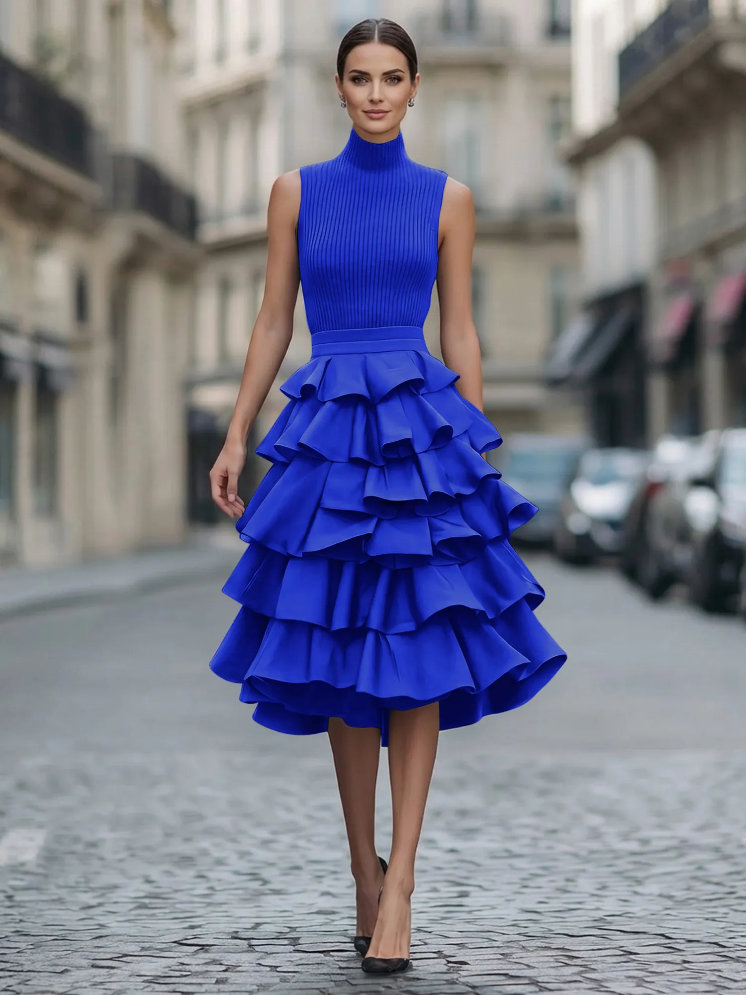 A Line High-Neck Pleated Tiered Evening Dress Maxi Dress