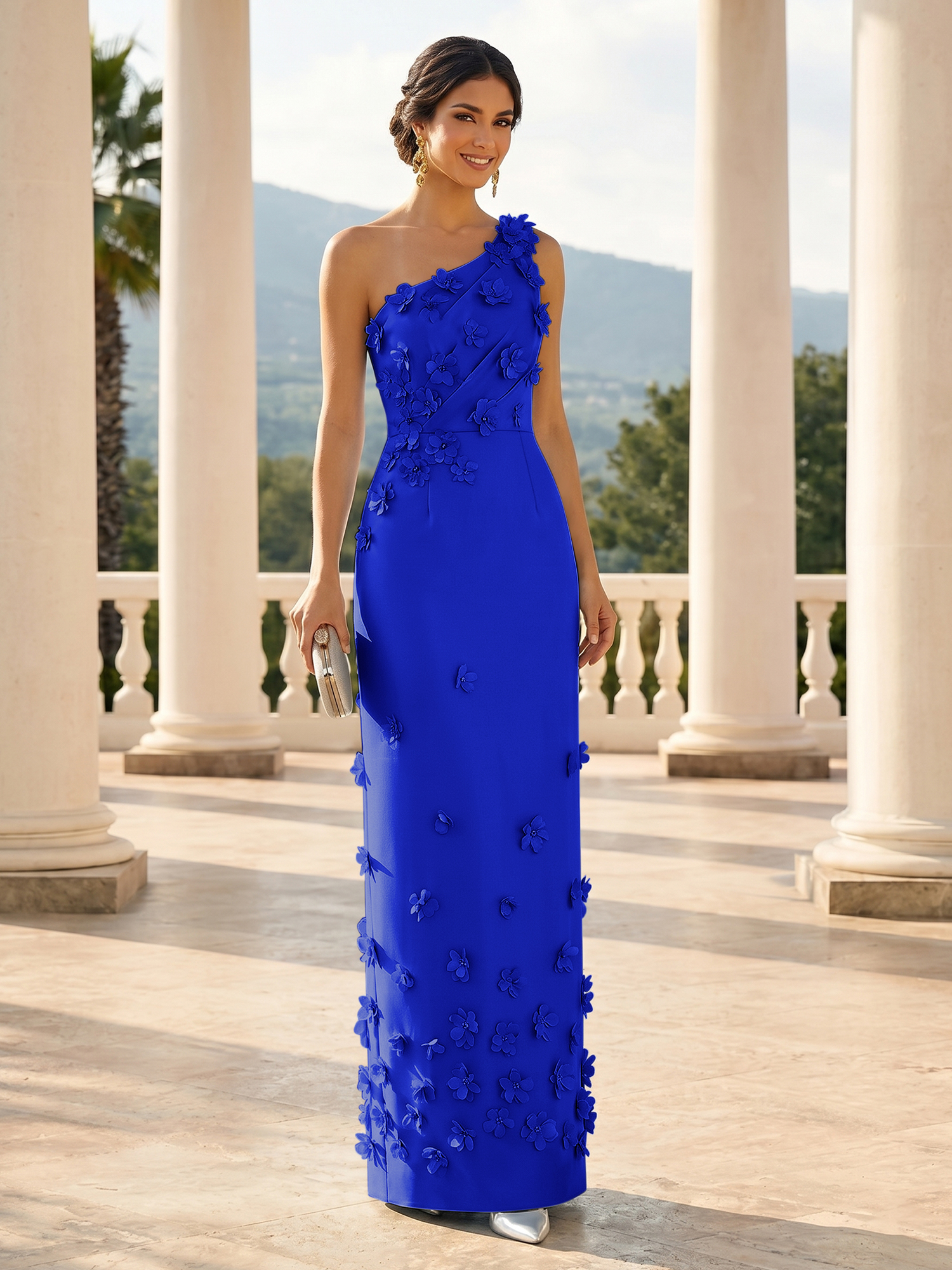 Enchanting Sky Blue One-Shoulder Evening Dress with 3D Floral Appliqués
