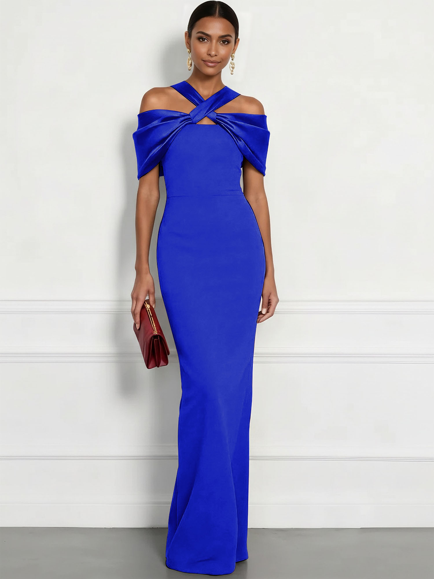  Regal Plum Crepe Column Gown with Satin Criss-Cross Halter Maxi Dress