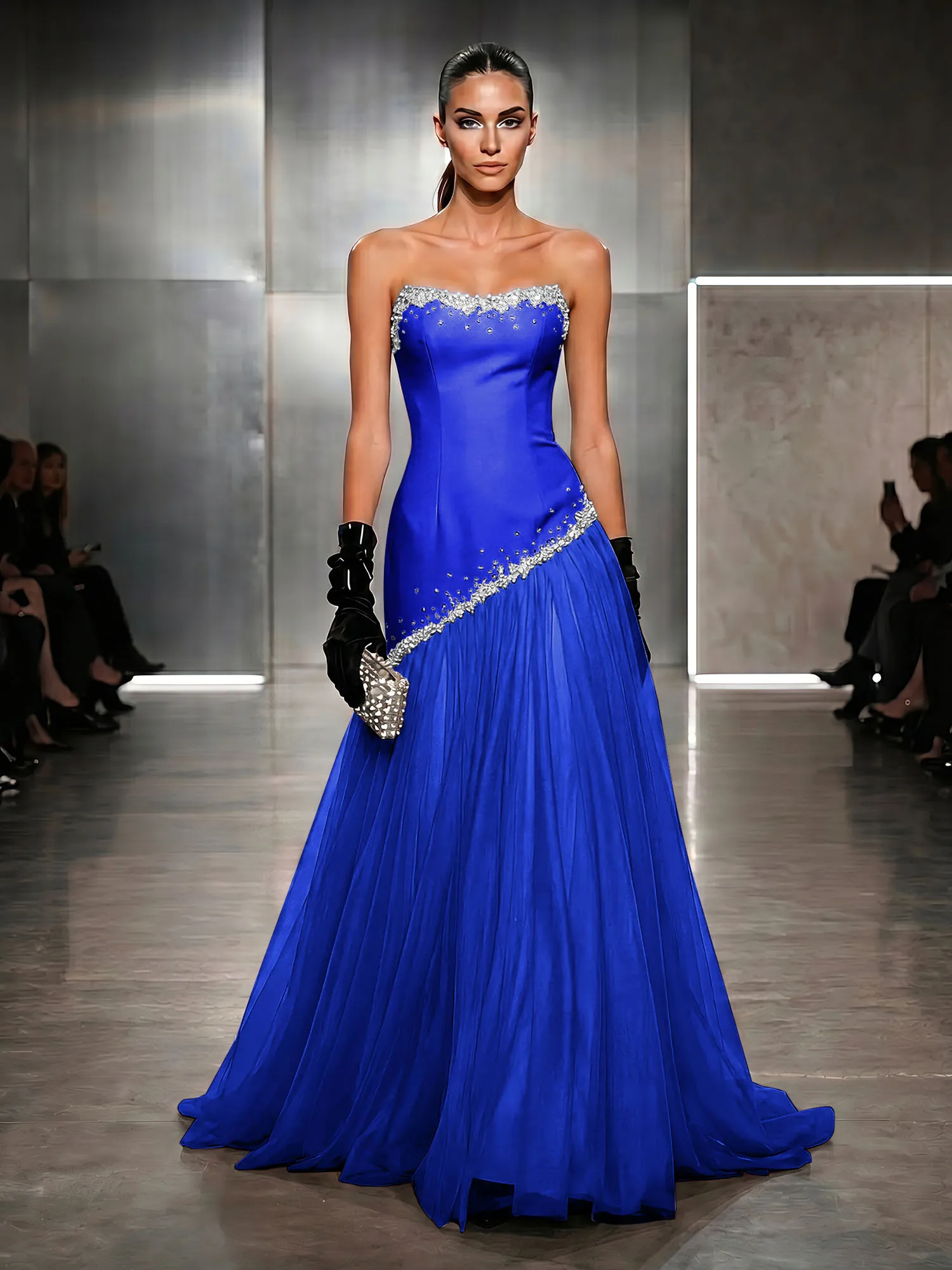 Strapless Tulle Beaded Corset Evening Gown Maxi Dress