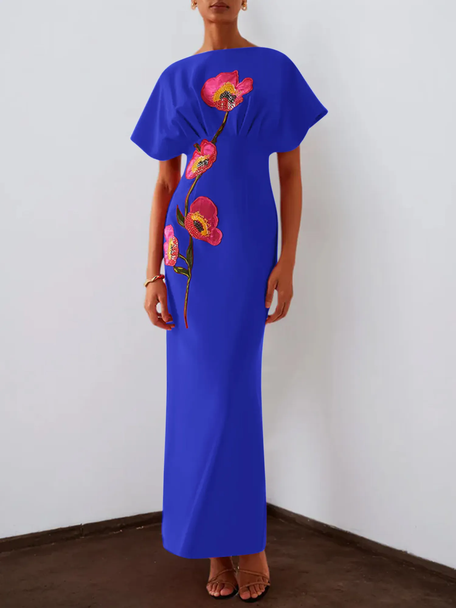 Floral Embroidered Boat Neck Batwing Sleeve Column Evening Gown