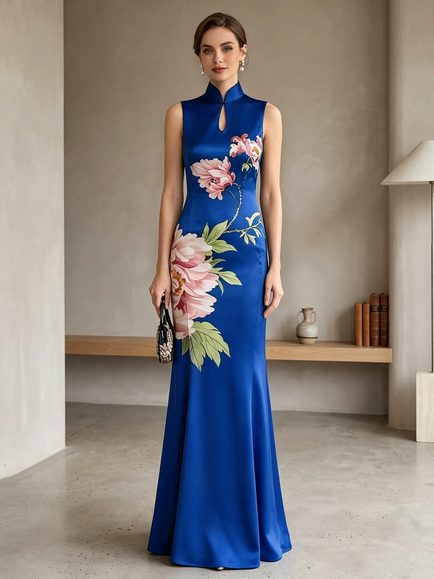 Satin Qipao-Inspired Floral Mermaid Evening Gown