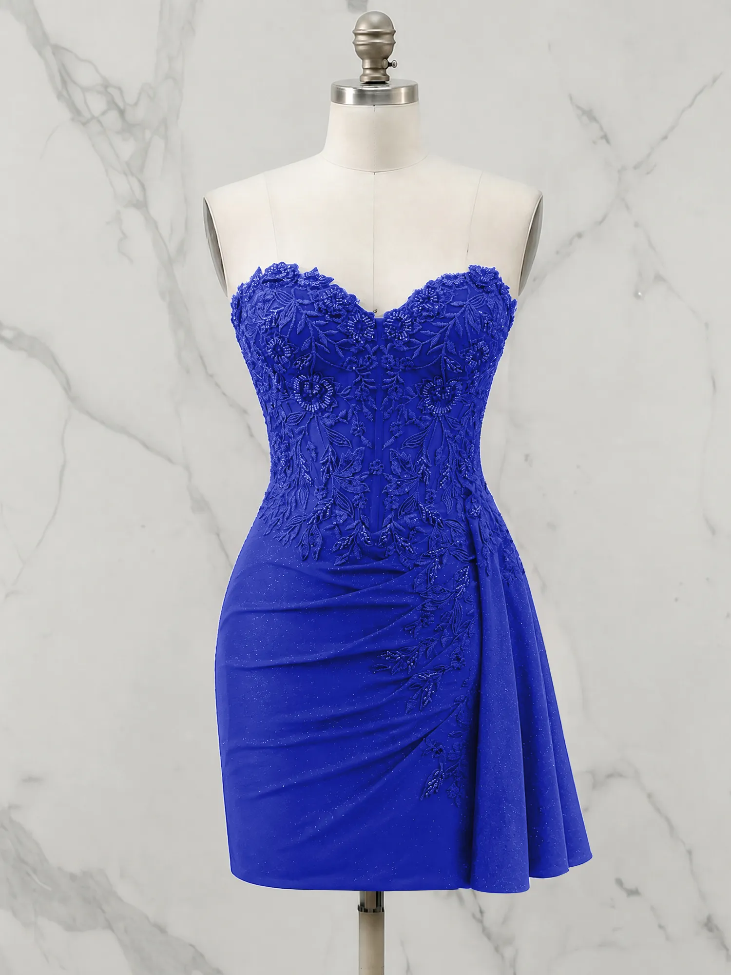 Strapless Lace Appliqué Glitter Homecoming Dress with Side Drape