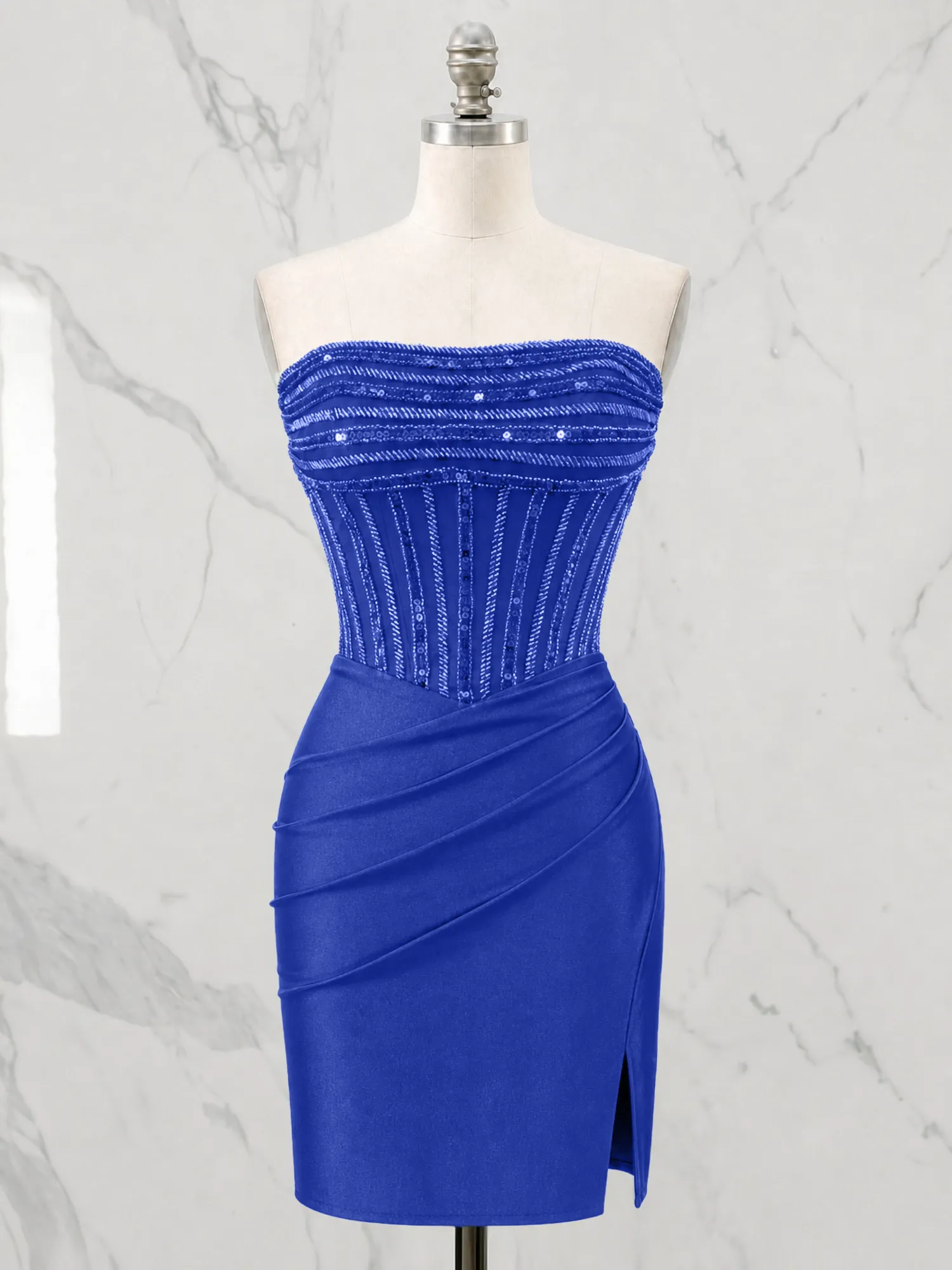 Strapless Beaded Corset Homecoming Dress with Ruched Skirt