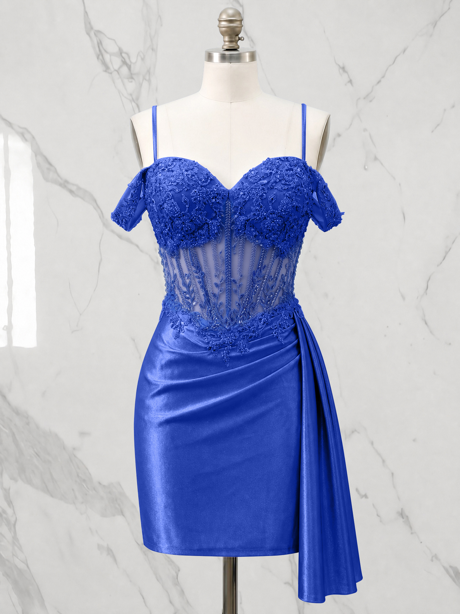 Off-the-Shoulder Lace Corset Homecoming Dress with Side Drape