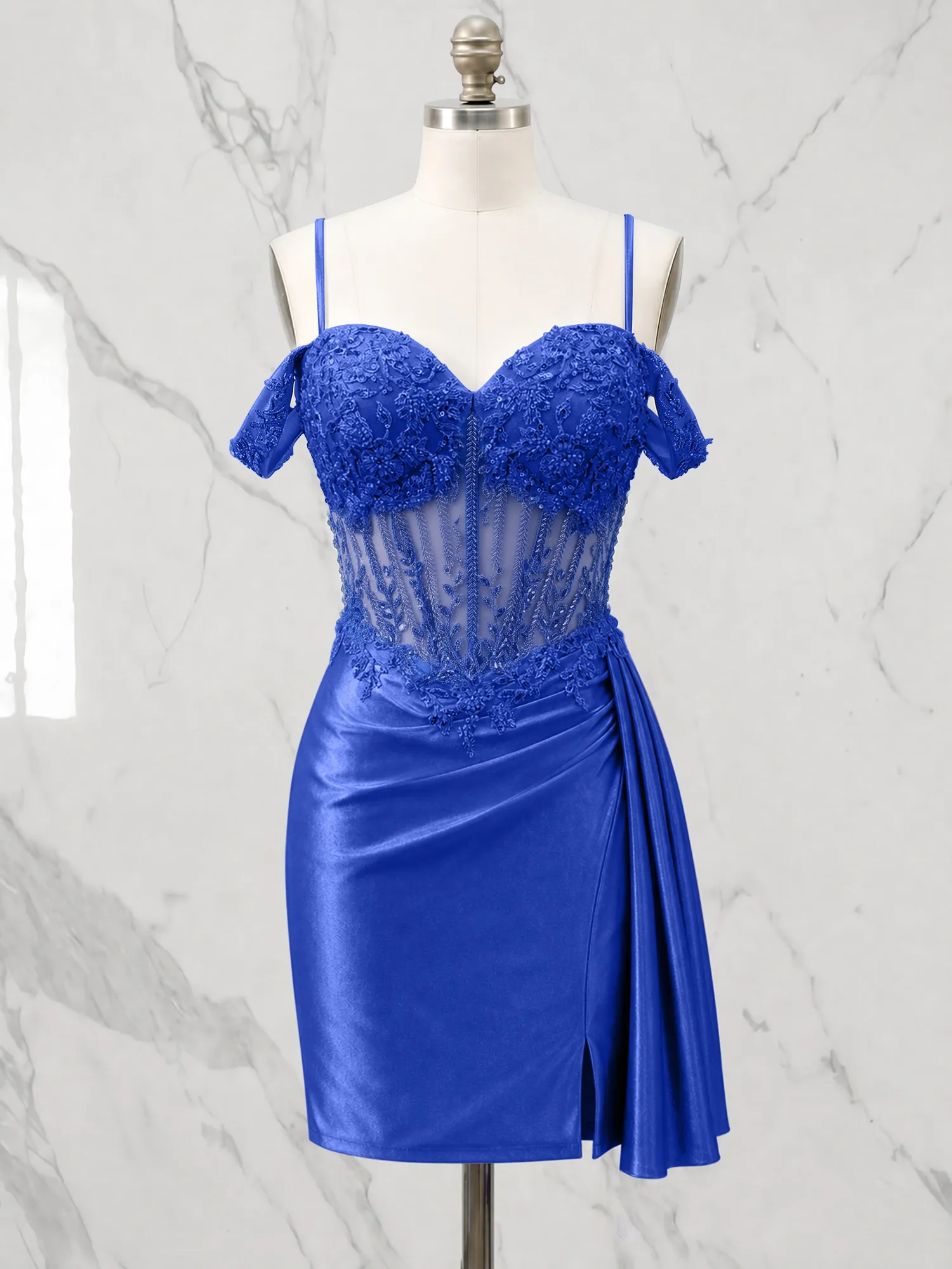 Off-the-Shoulder Lace Corset Homecoming Dress with Draped Skirt