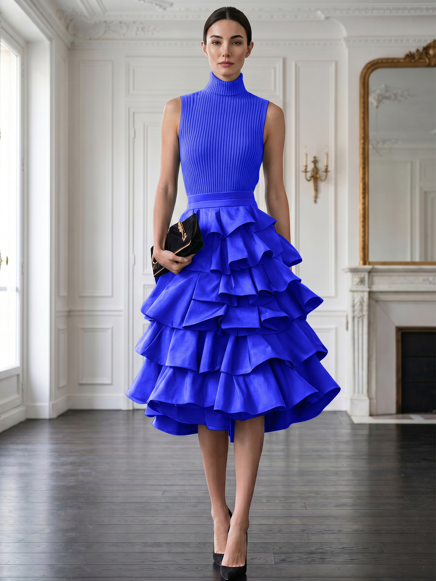 Avant-Garde Black High-Neck Tiered Ruffled Evening Gown