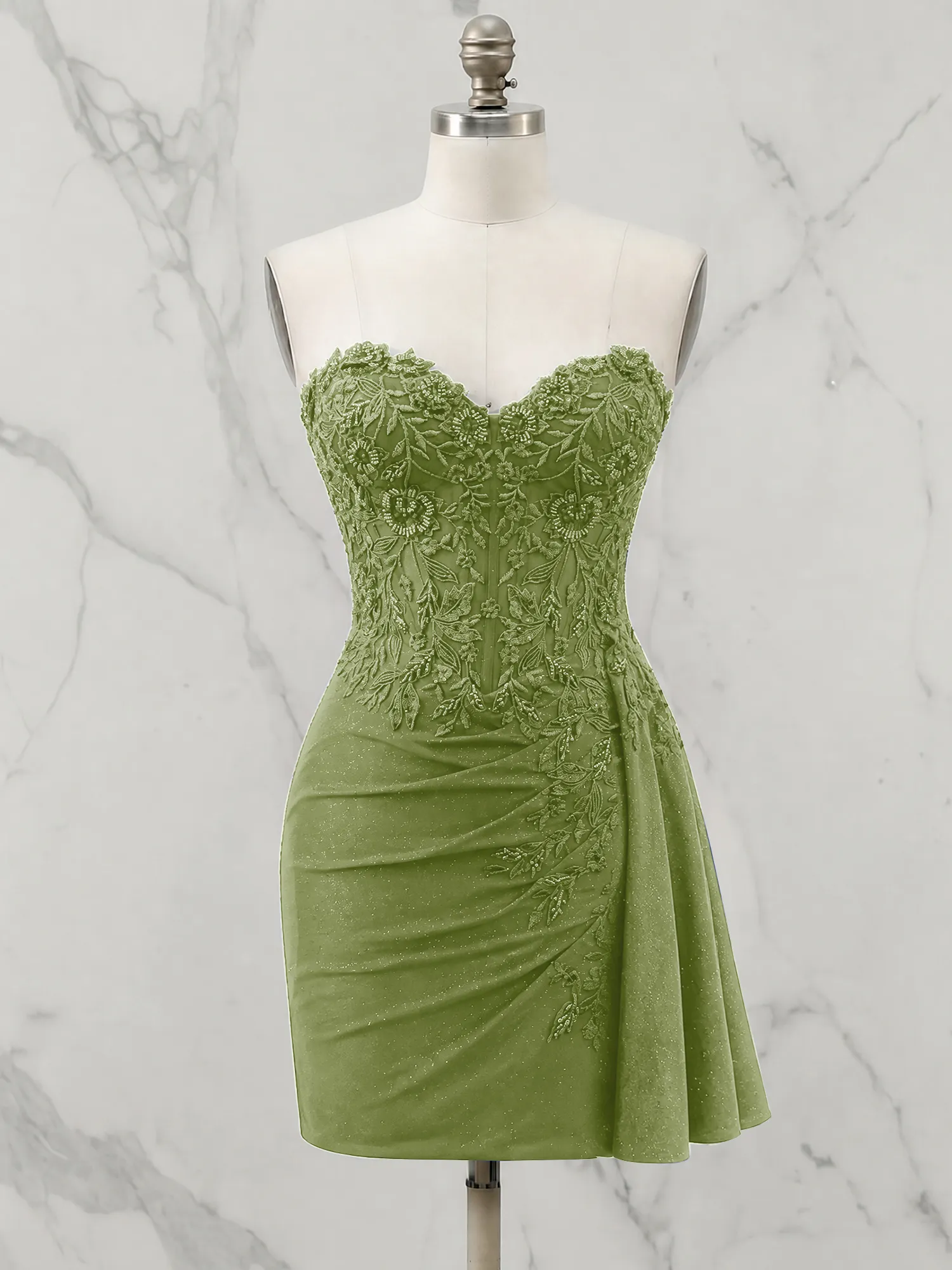 Strapless Lace Appliqué Glitter Homecoming Dress with Side Drape