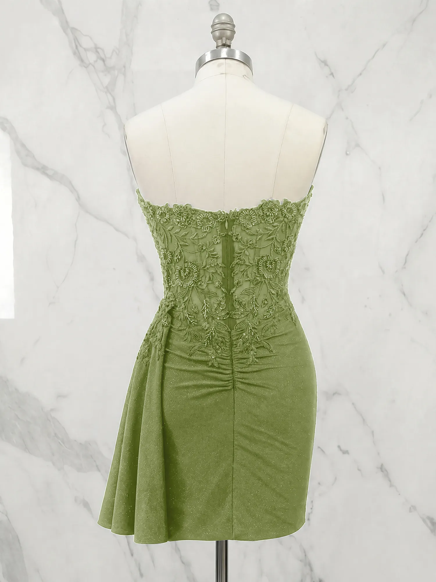 Strapless Lace Appliqué Glitter Homecoming Dress with Side Drape
