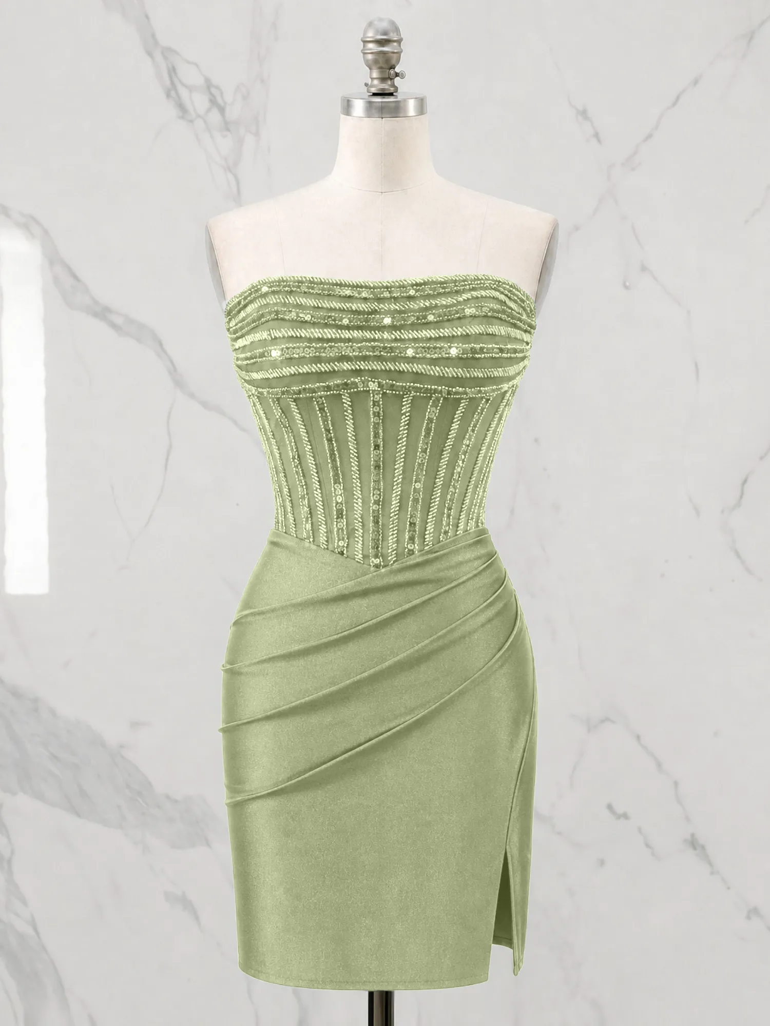 Strapless Beaded Corset Homecoming Dress with Ruched Skirt