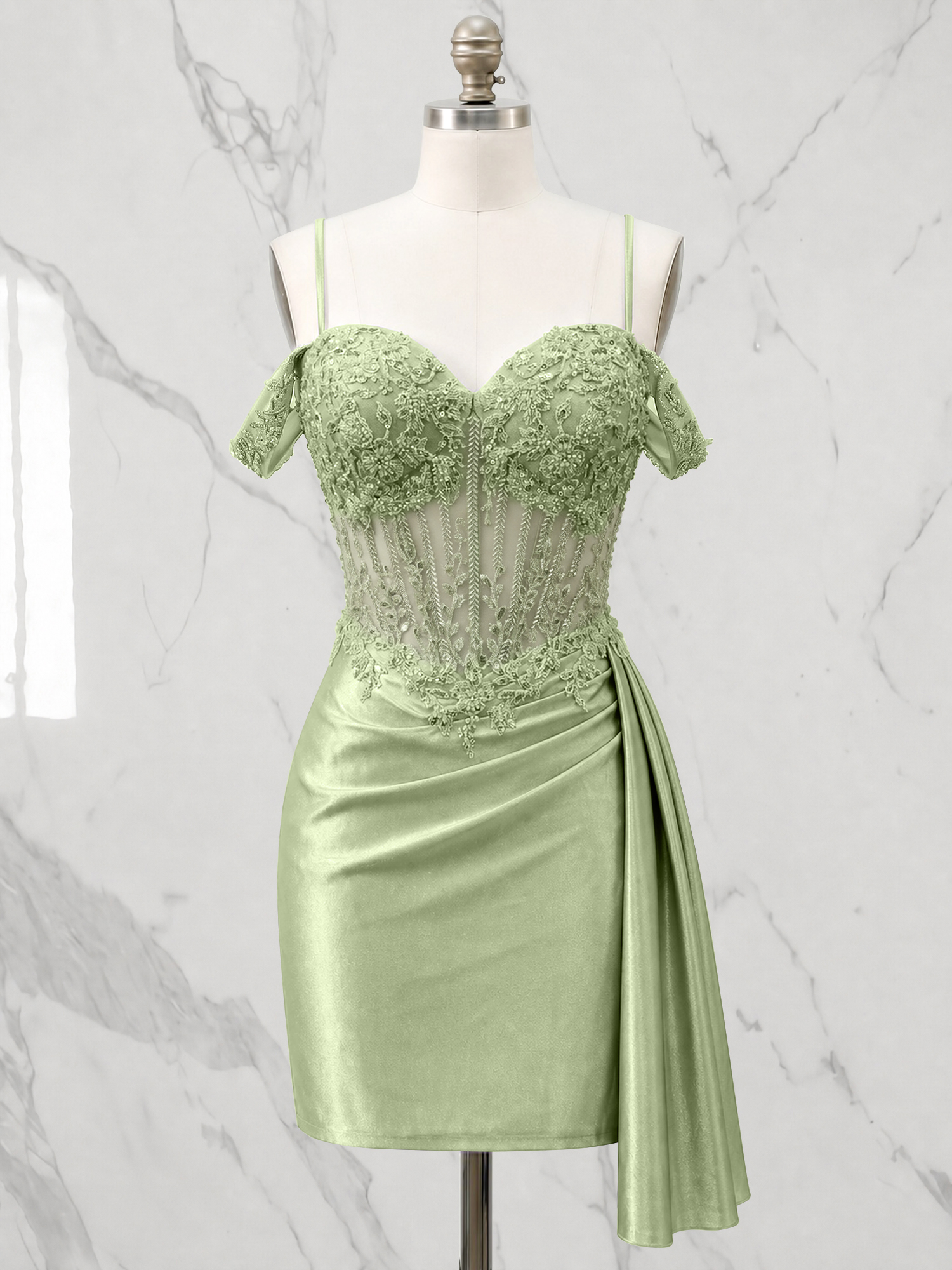Off-the-Shoulder Lace Corset Homecoming Dress with Side Drape