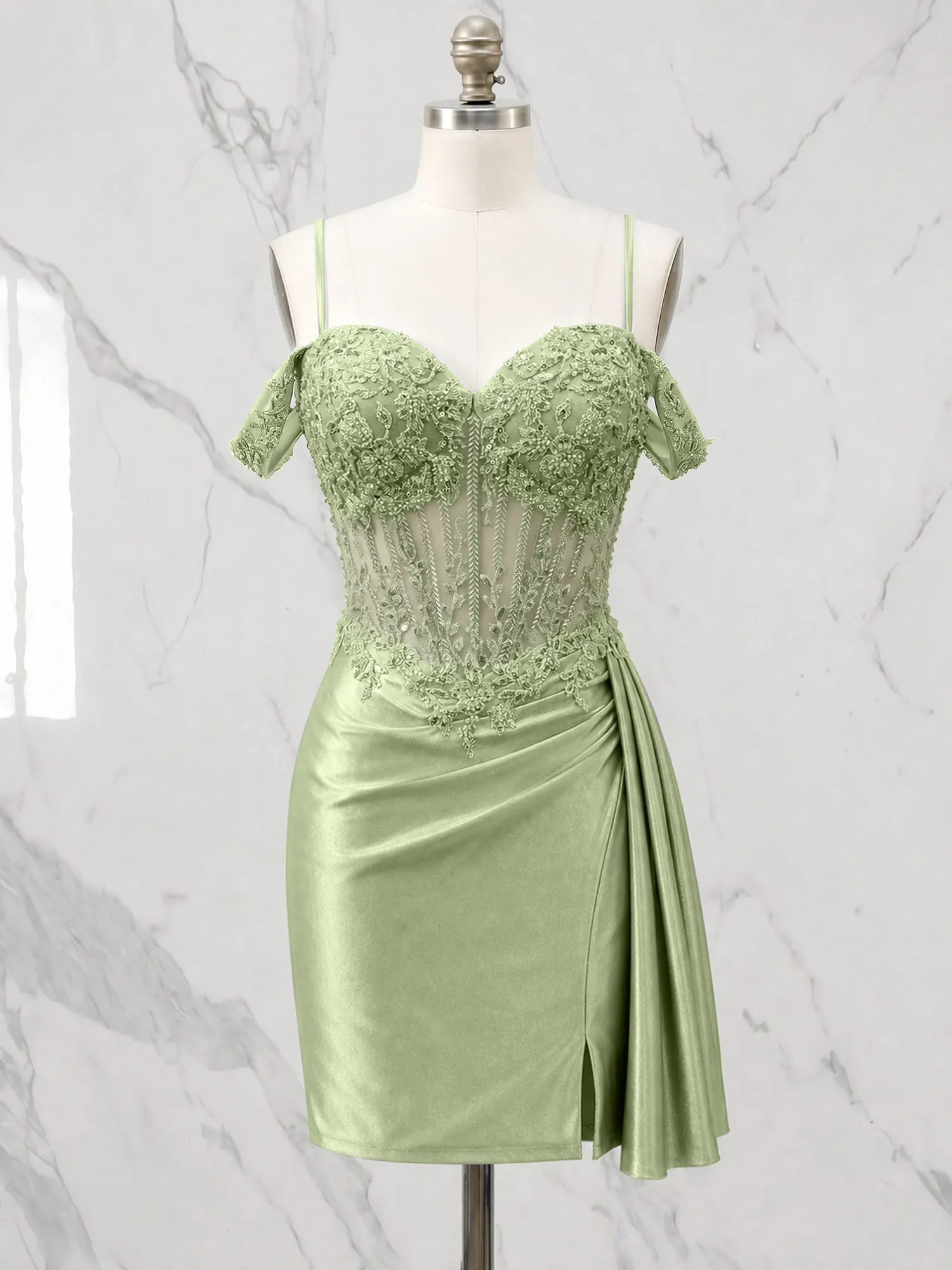 Off-the-Shoulder Lace Corset Homecoming Dress with Draped Skirt