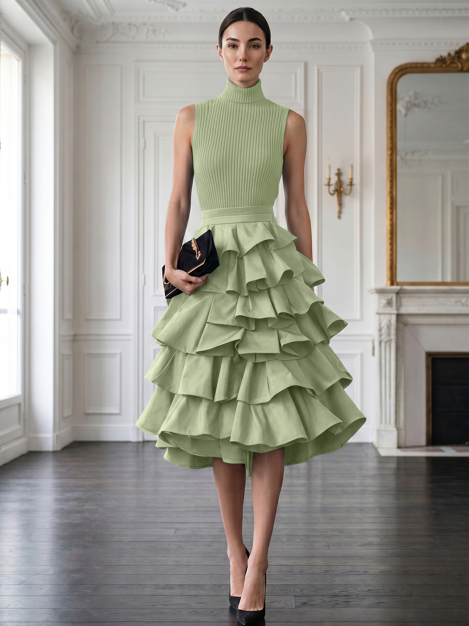 Avant-Garde Black High-Neck Tiered Ruffled Evening Gown