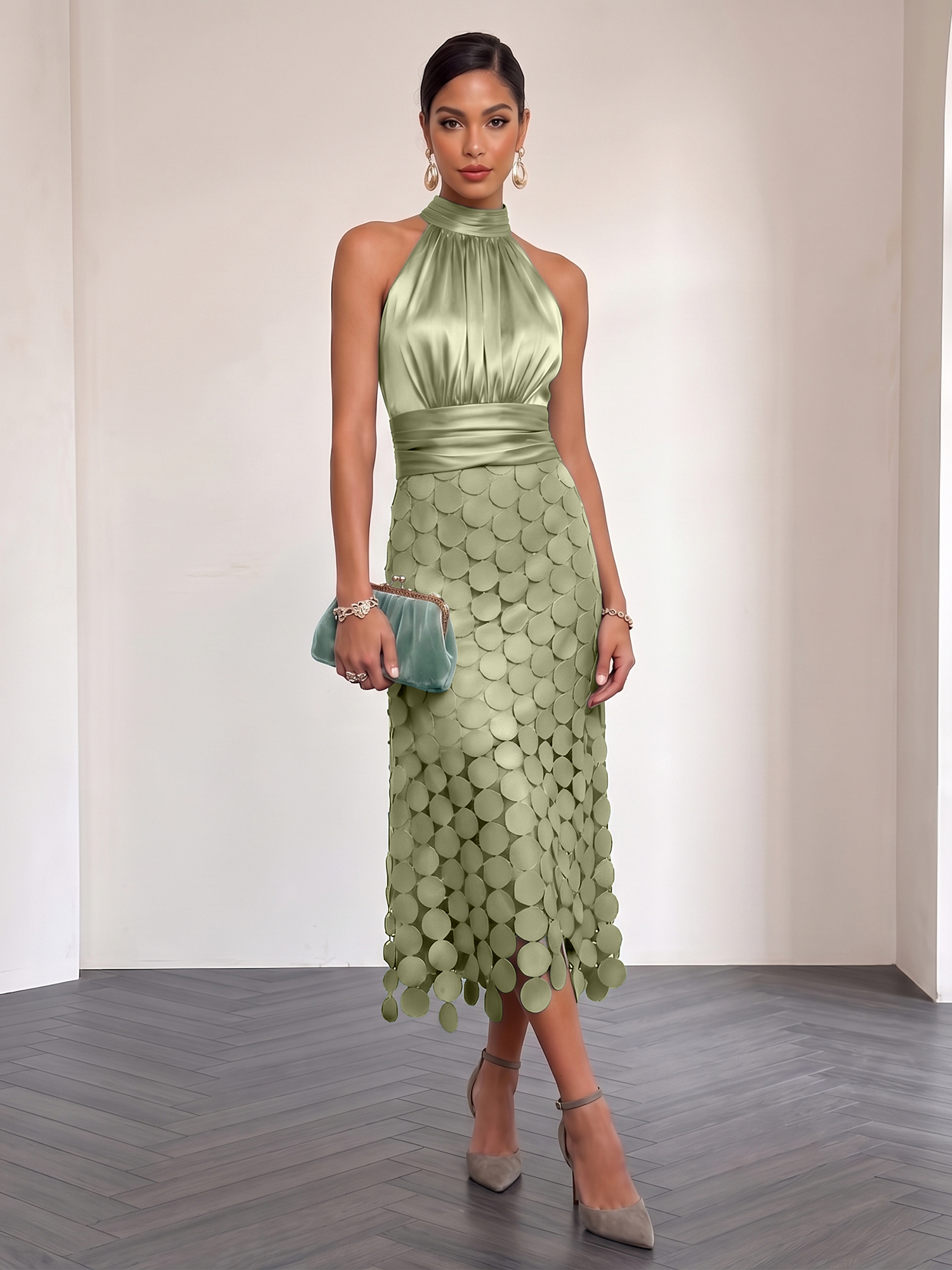 Ice Blue Satin Halter Circle Motif Midi Formal Evening Gown