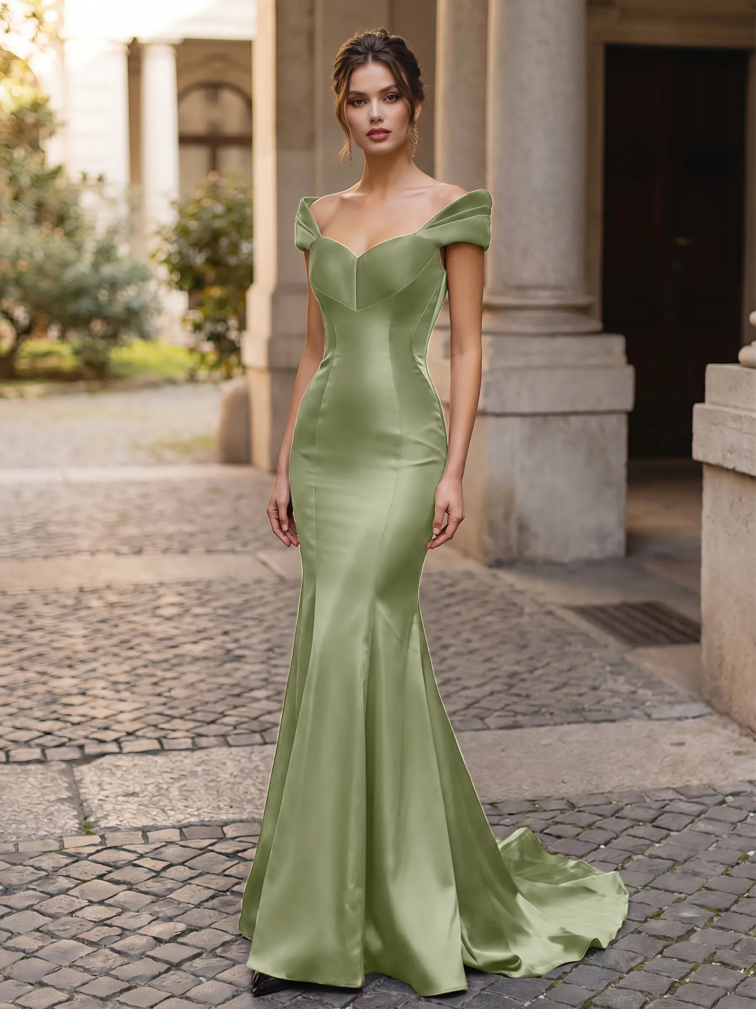 Off-the-Shoulder Sweetheart Lace-Up Back Satin Mermaid Prom Dress
