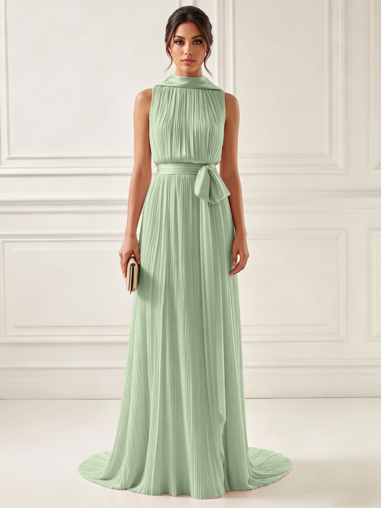 Ethereal Pleated Pastel Pink High Neck Maxi Formal Evening Dress with Satin Sash