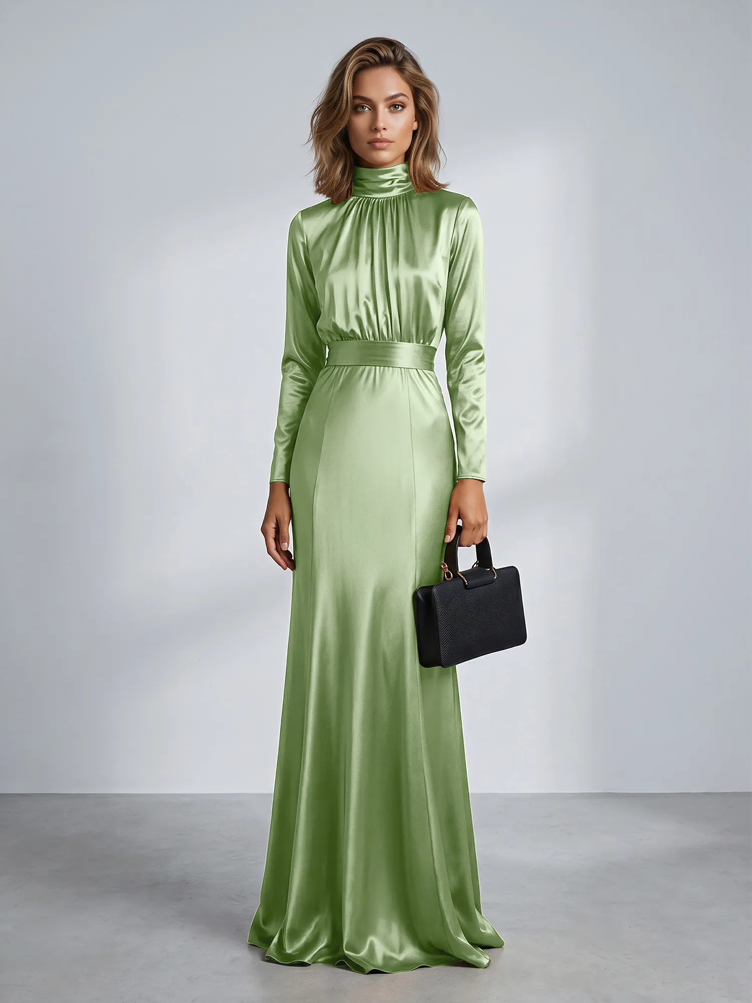 High Neck Long Sleeve Satin Mermaid Evening Gown with Waist Sash