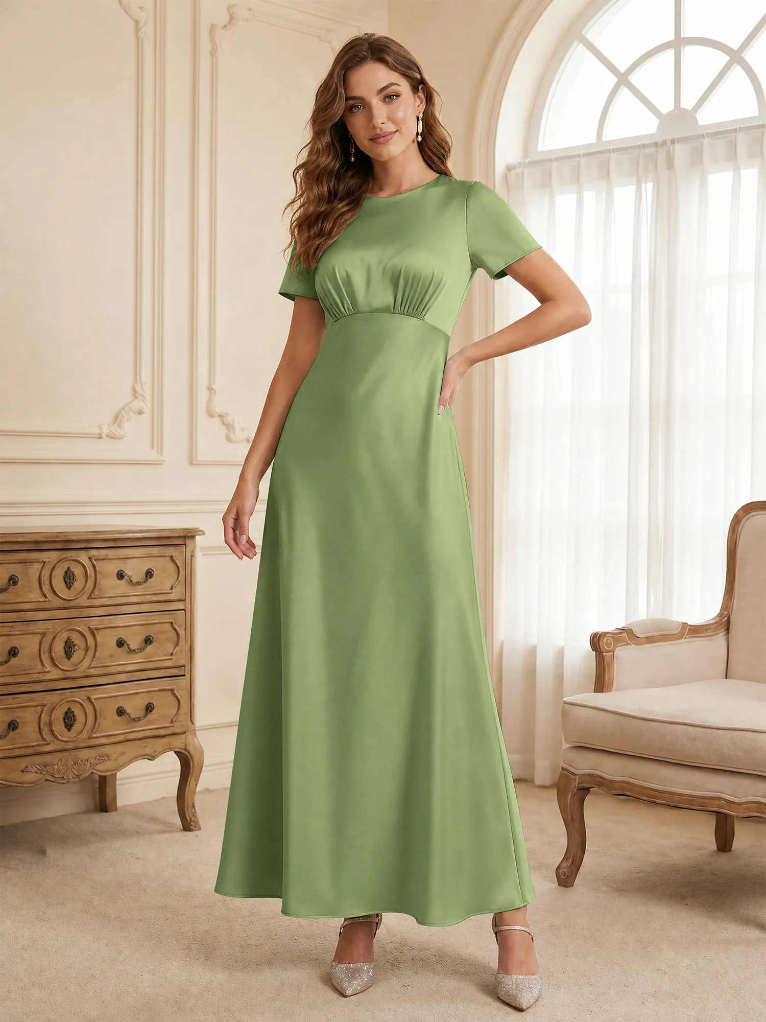 Round Neck Short Sleeve Satin Bridesmaid Dress