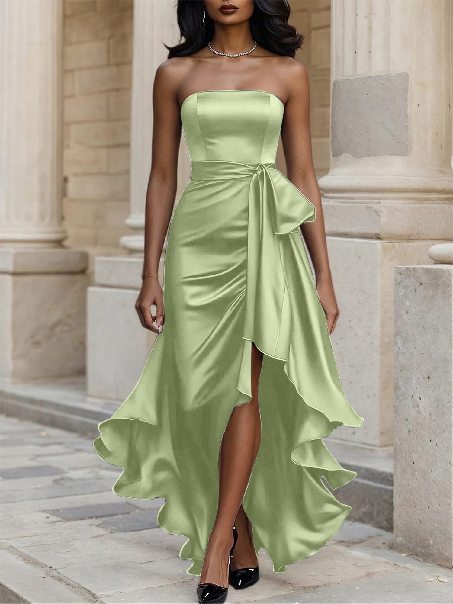 Glamorous Formal Dress Midnight Navy Strapless High-Low Satin Gown Midi Dress