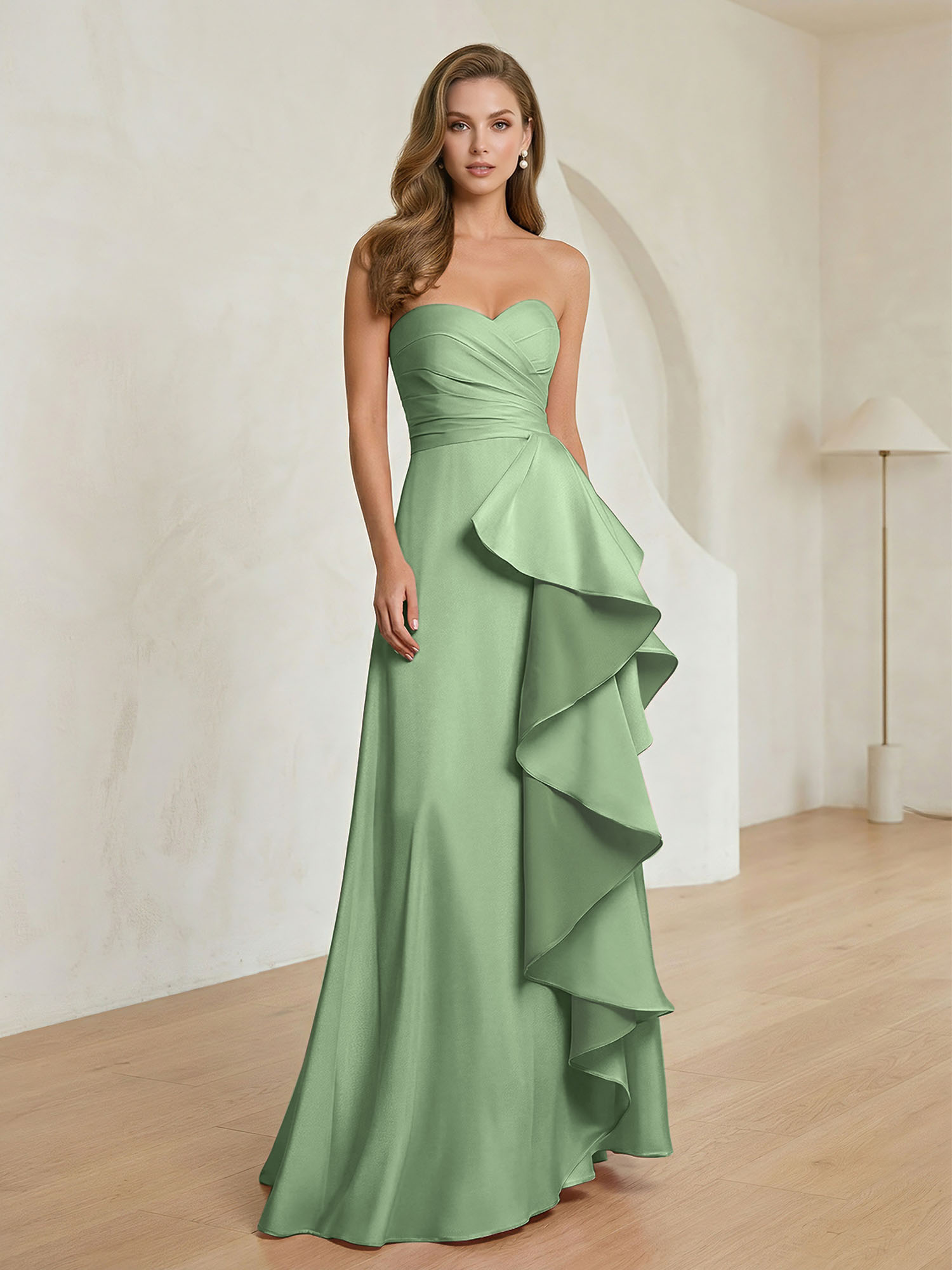 Formal Evening Dress Blush Strapless Ruffle Maxi Dress Gown